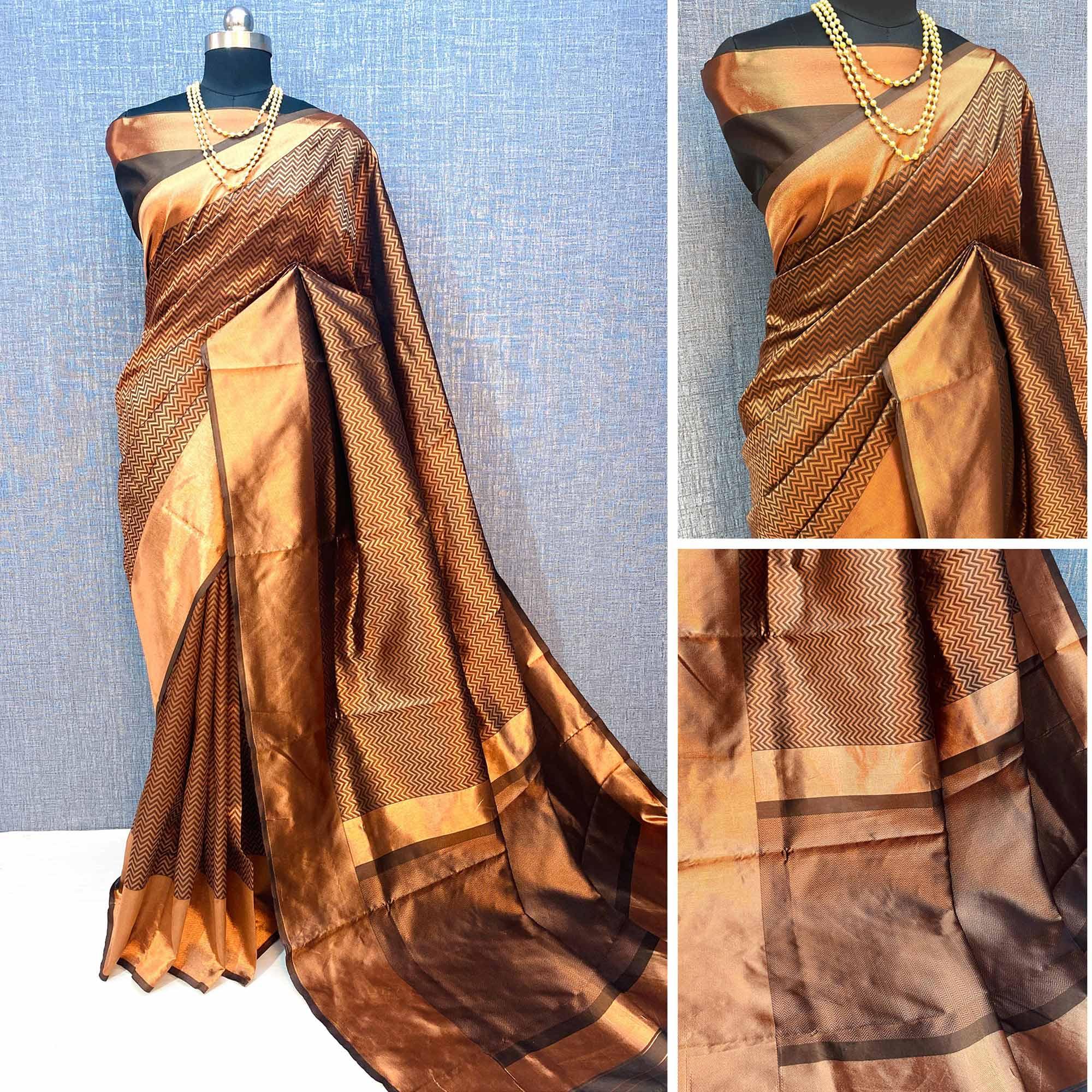 Brown & Golden Woven Banarasi Silk Saree - Peachmode