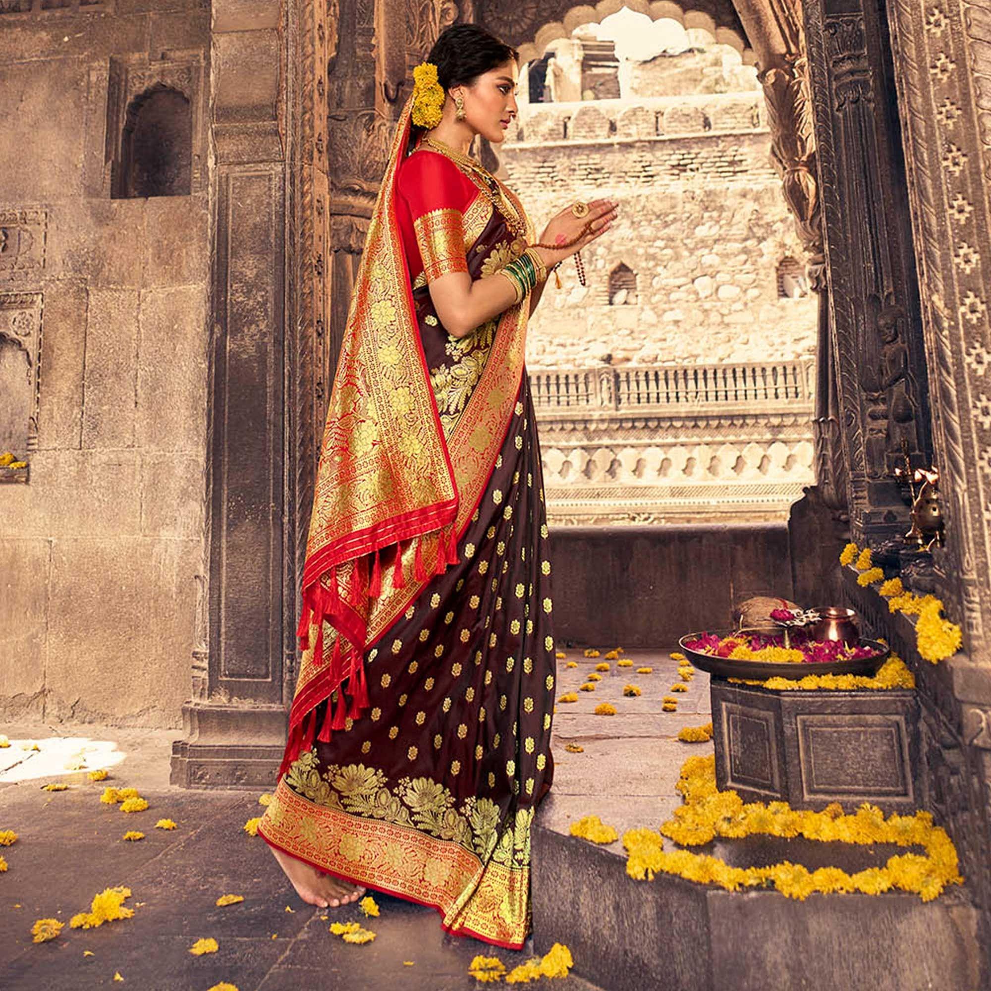 Brown & Red Festive Wear Woven Banarasi Silk Saree - Peachmode