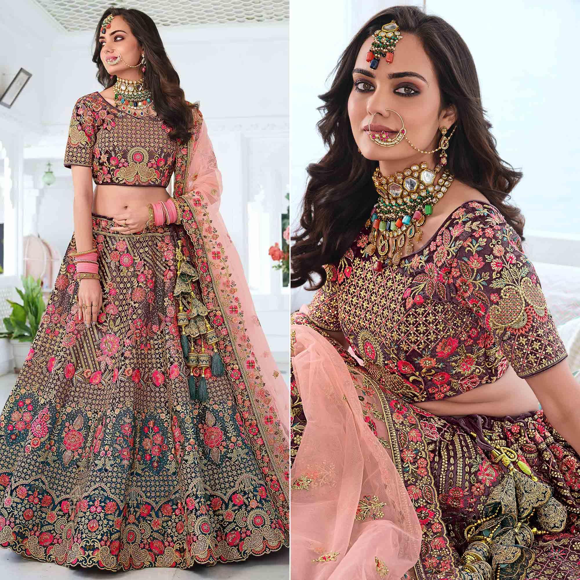 Brown & Teal Green Wedding Wear Sequence Floral Embroidered Velvet Lehenga Choli - Peachmode
