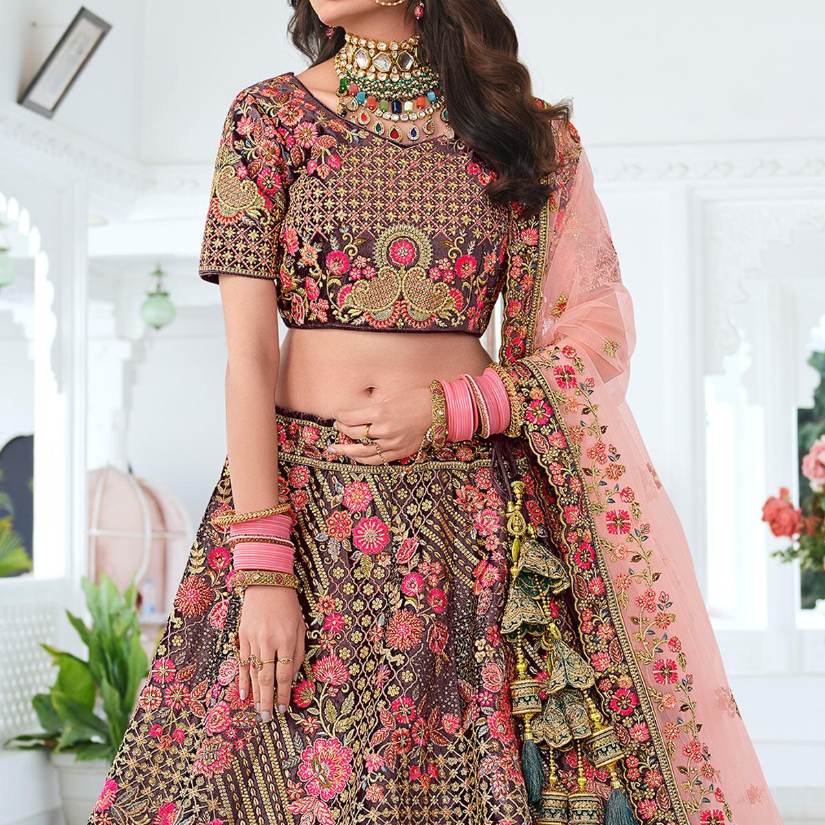 Brown & Teal Green Wedding Wear Sequence Floral Embroidered Velvet Lehenga Choli - Peachmode