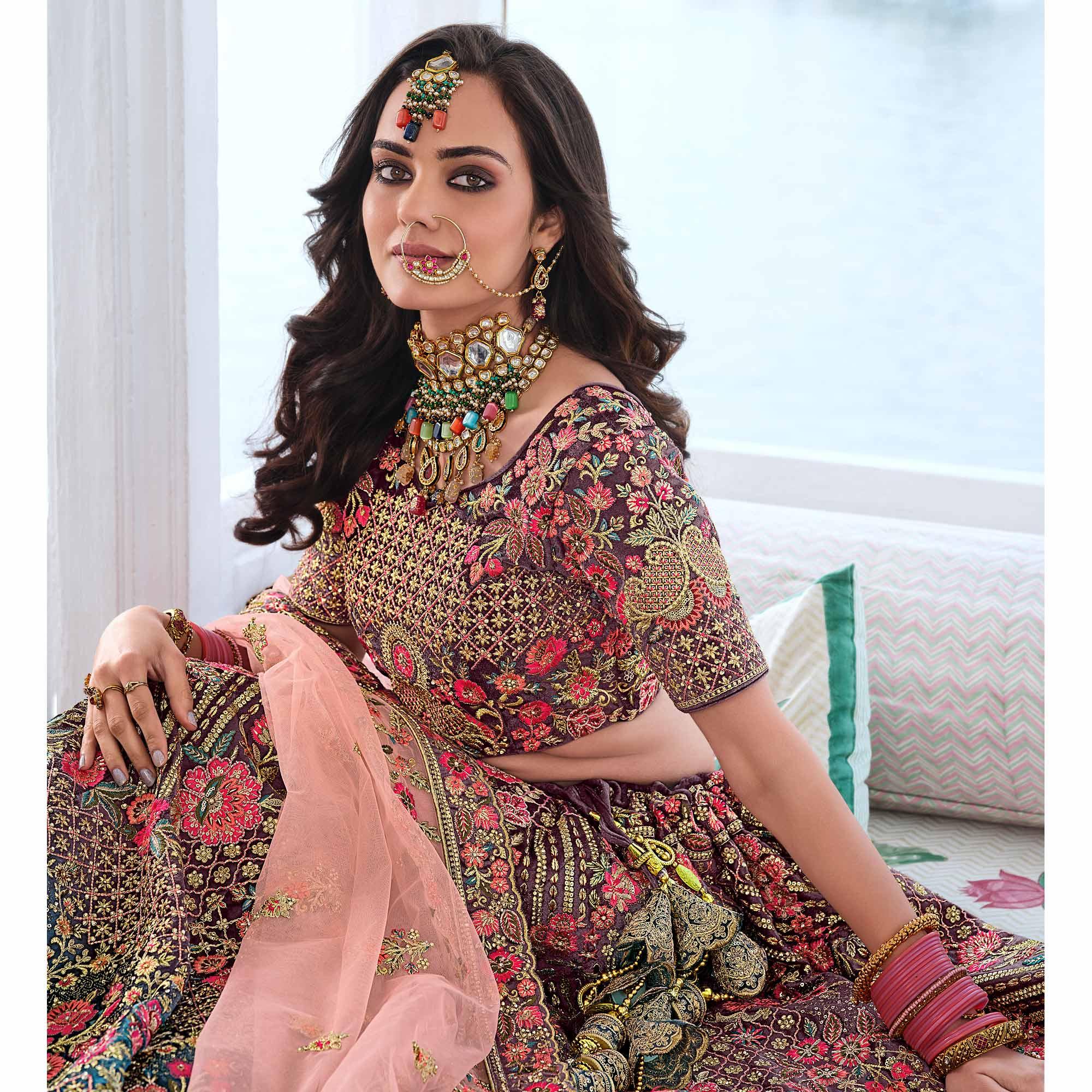 Brown & Teal Green Wedding Wear Sequence Floral Embroidered Velvet Lehenga Choli - Peachmode