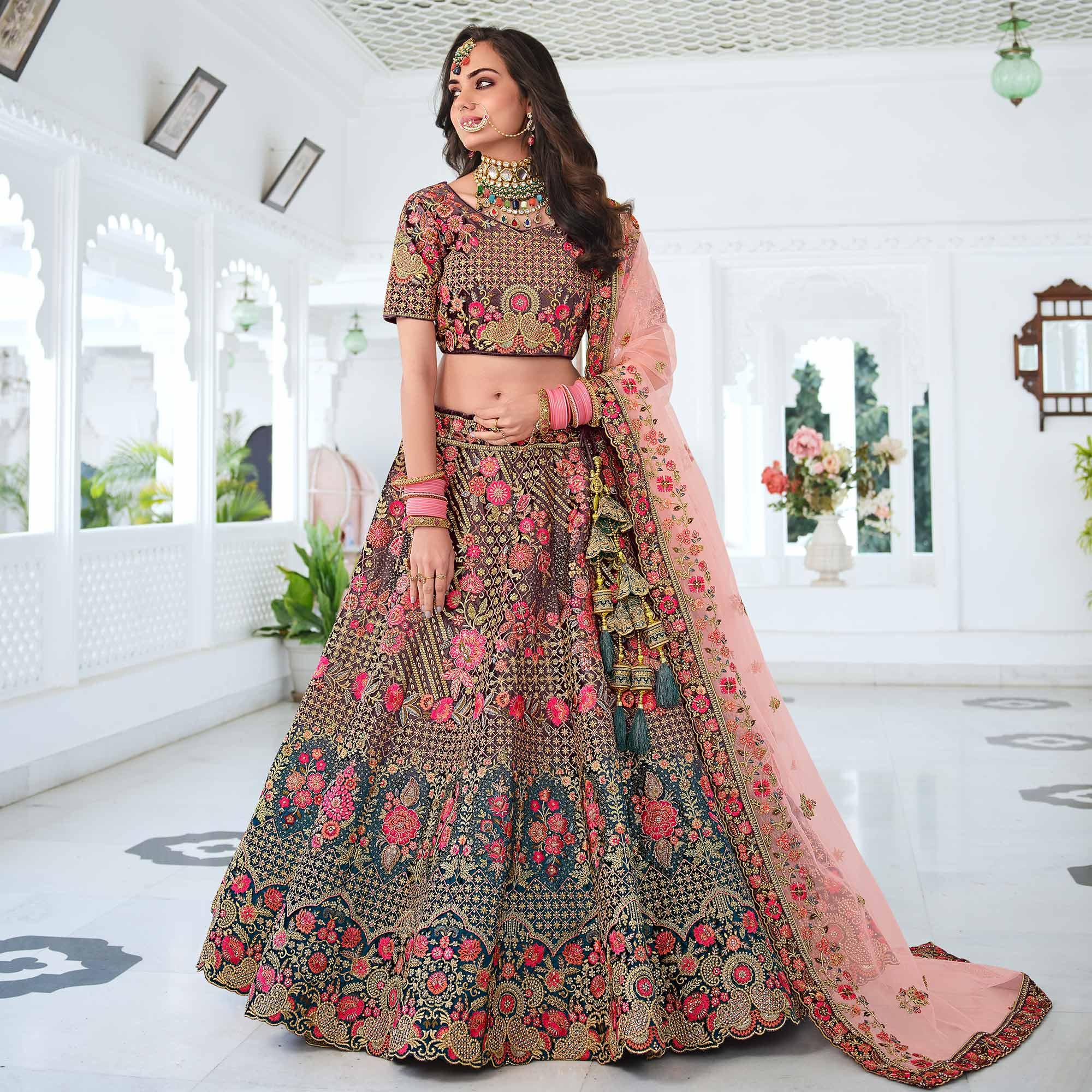 Brown & Teal Green Wedding Wear Sequence Floral Embroidered Velvet Lehenga Choli - Peachmode