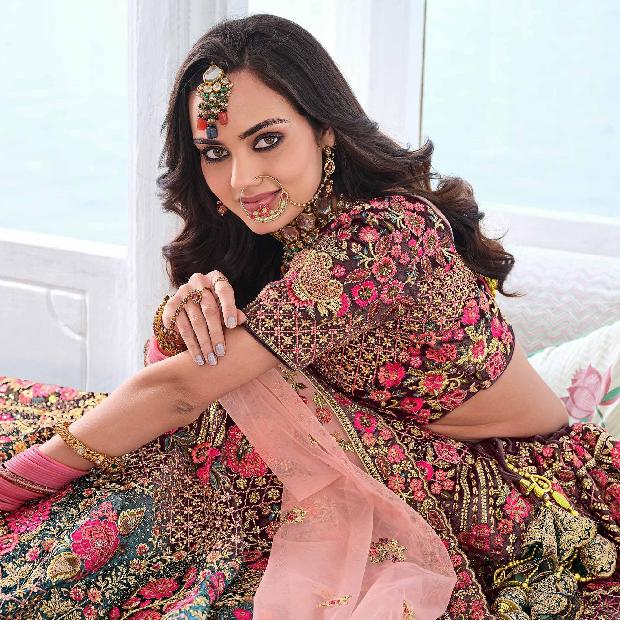 Brown & Teal Green Wedding Wear Sequence Floral Embroidered Velvet Lehenga Choli - Peachmode