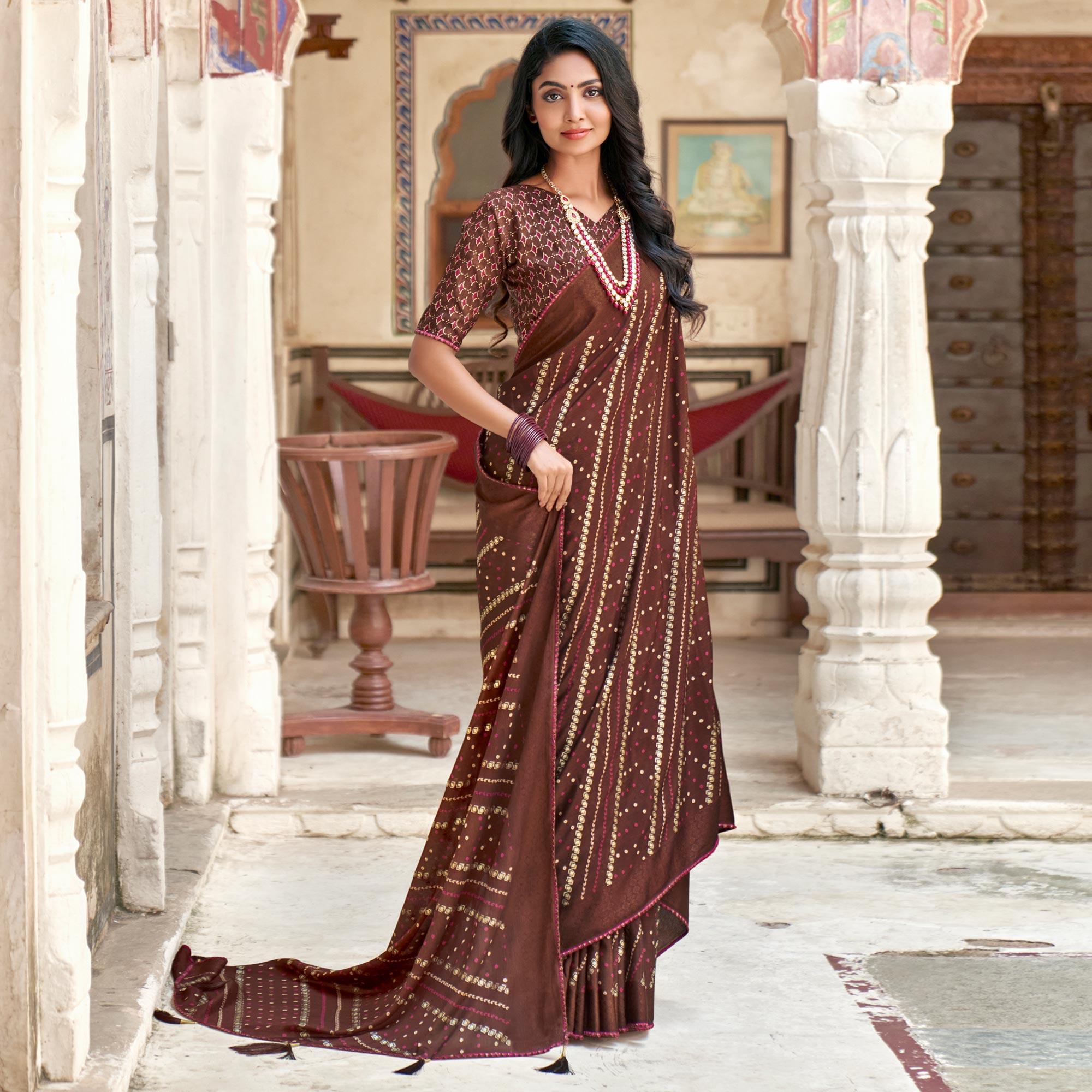 Brown Bandhani Printed Chiffon Saree With Tassels - Peachmode