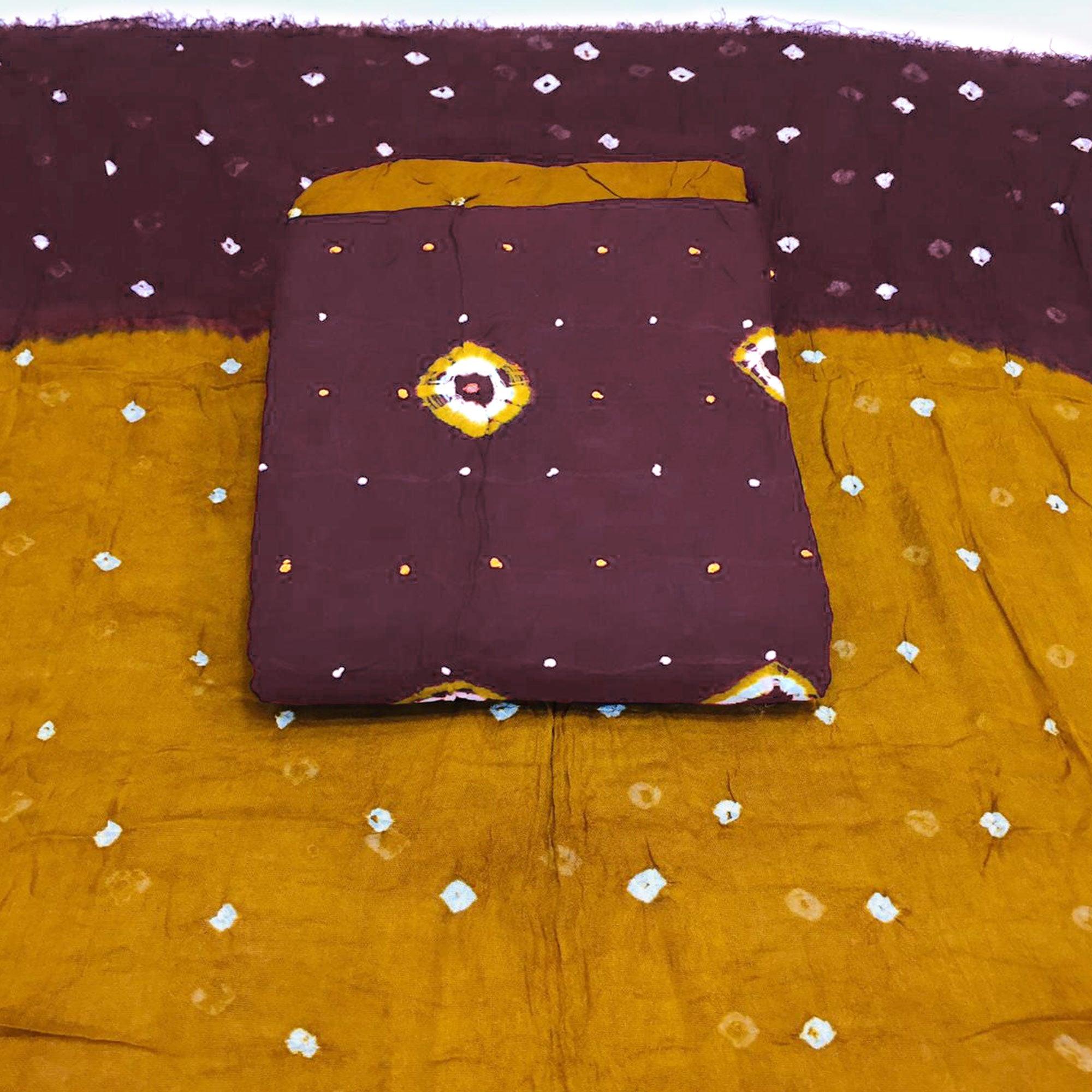 Brown Bandhani Printed Cotton Blend Dress Material - Peachmode