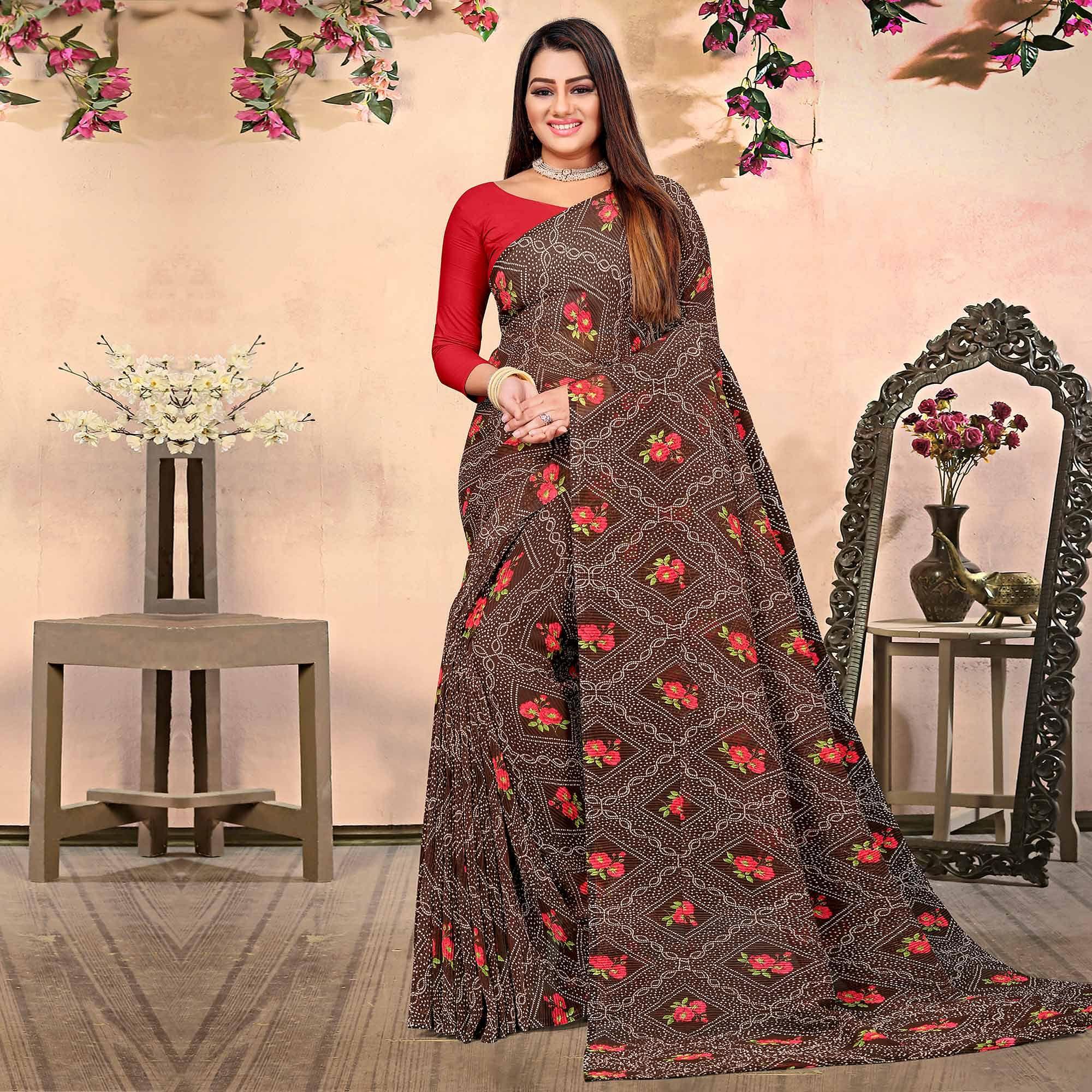 Brown Bandhani Printed Georgette Saree - Peachmode