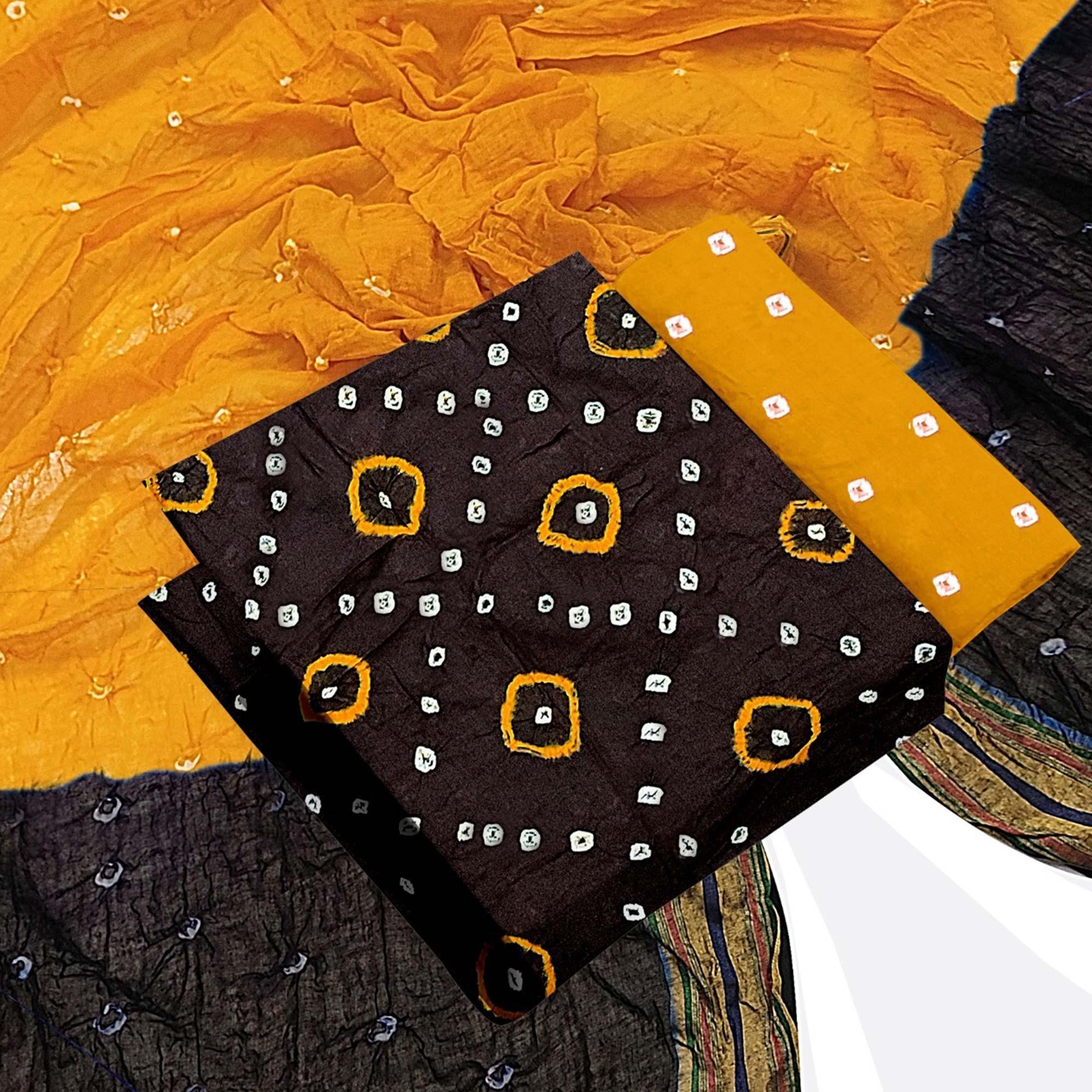 Brown Bandhani Printed Pure Cotton Dress Material - Peachmode
