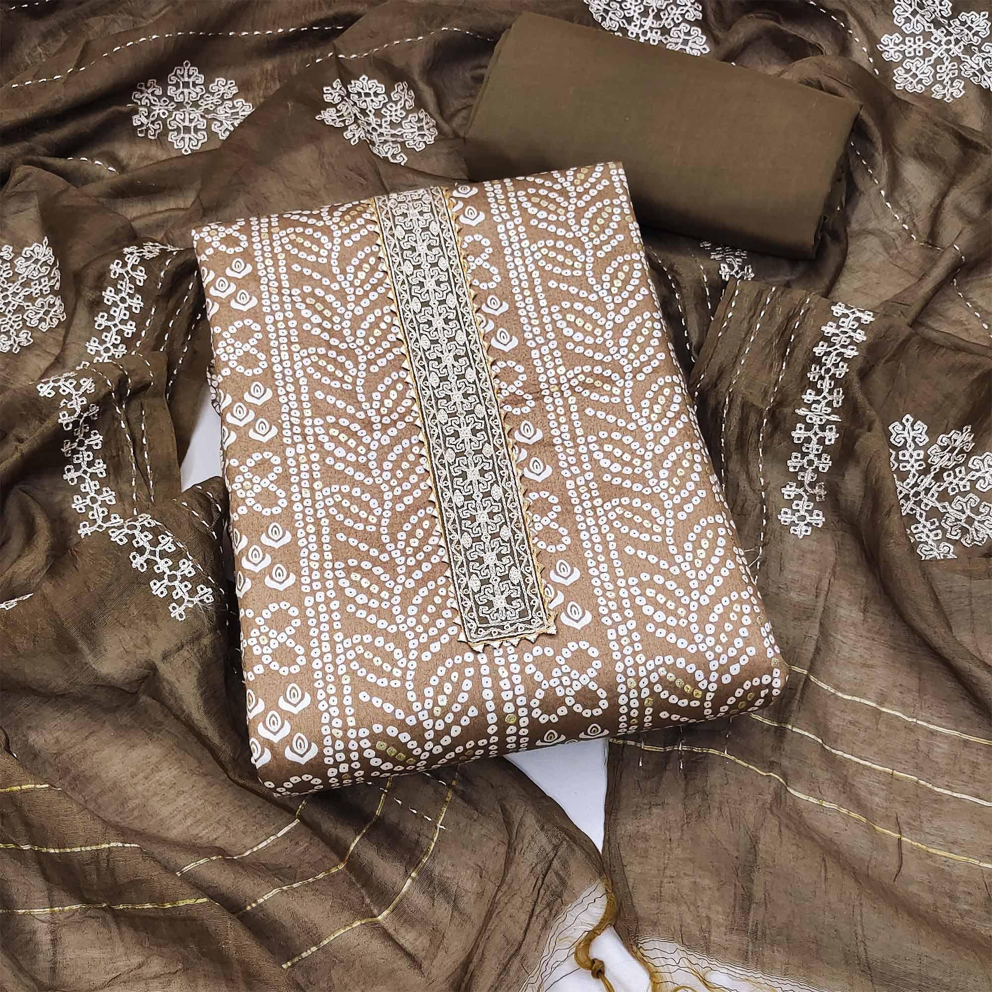 Brown Bandhani Printed Pure Cotton Dress Material - Peachmode