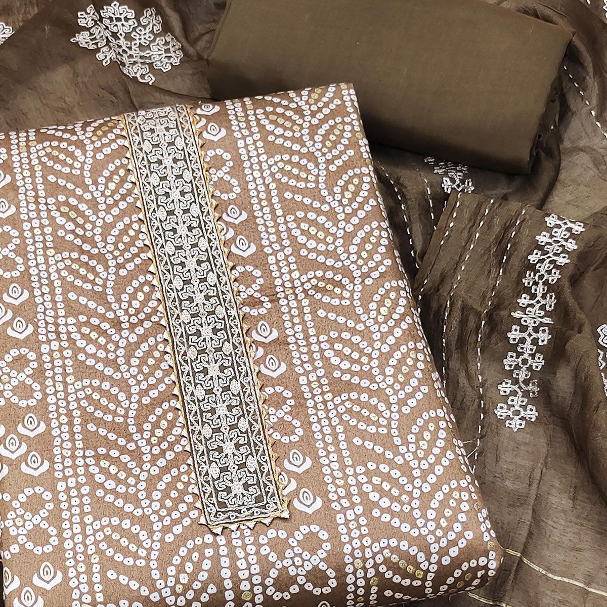 Brown Bandhani Printed Pure Cotton Dress Material - Peachmode