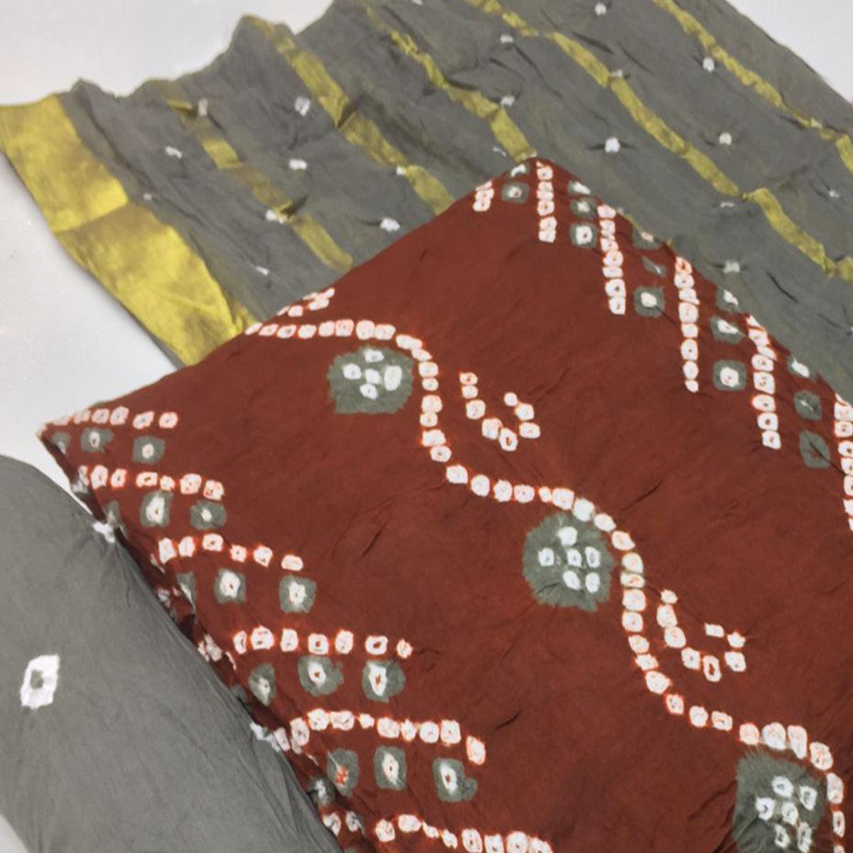 Brown Bandhani Printed Pure Cotton Dress Material - Peachmode