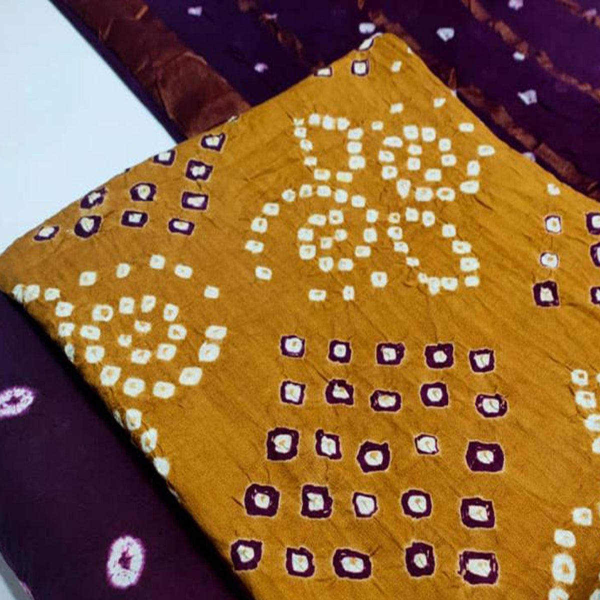 Brown Bandhani Printed Pure Cotton Dress Material - Peachmode