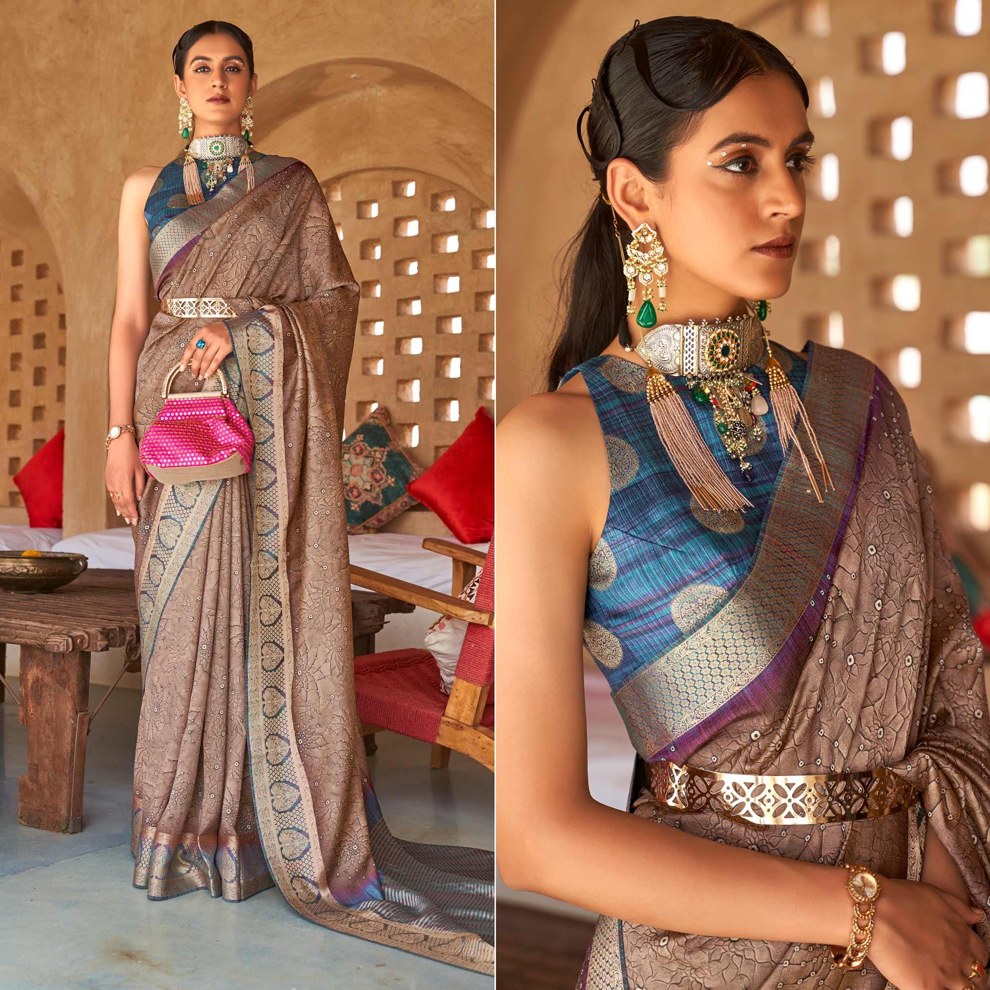 Brown Bandhani Printed With Woven Border Art Silk Saree - Peachmode