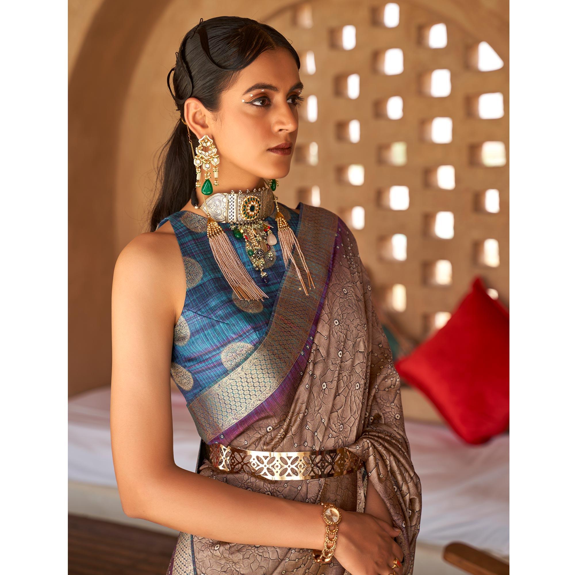 Brown Bandhani Printed With Woven Border Art Silk Saree - Peachmode