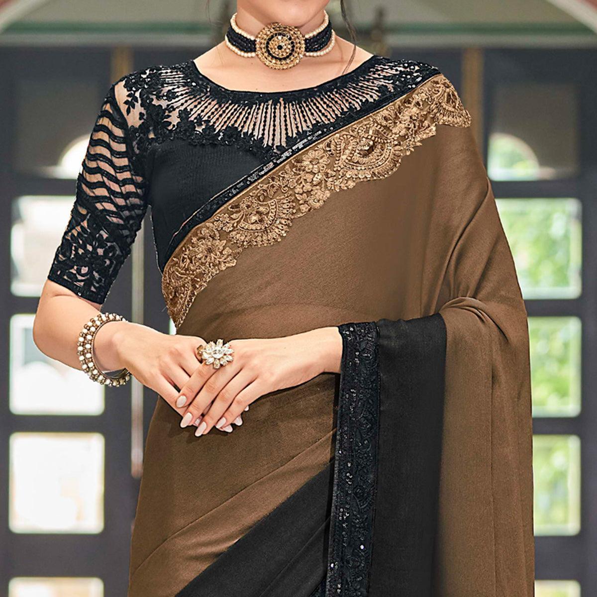 Brown-Black Floral Sequence Embroidered Art Silk Saree - Peachmode
