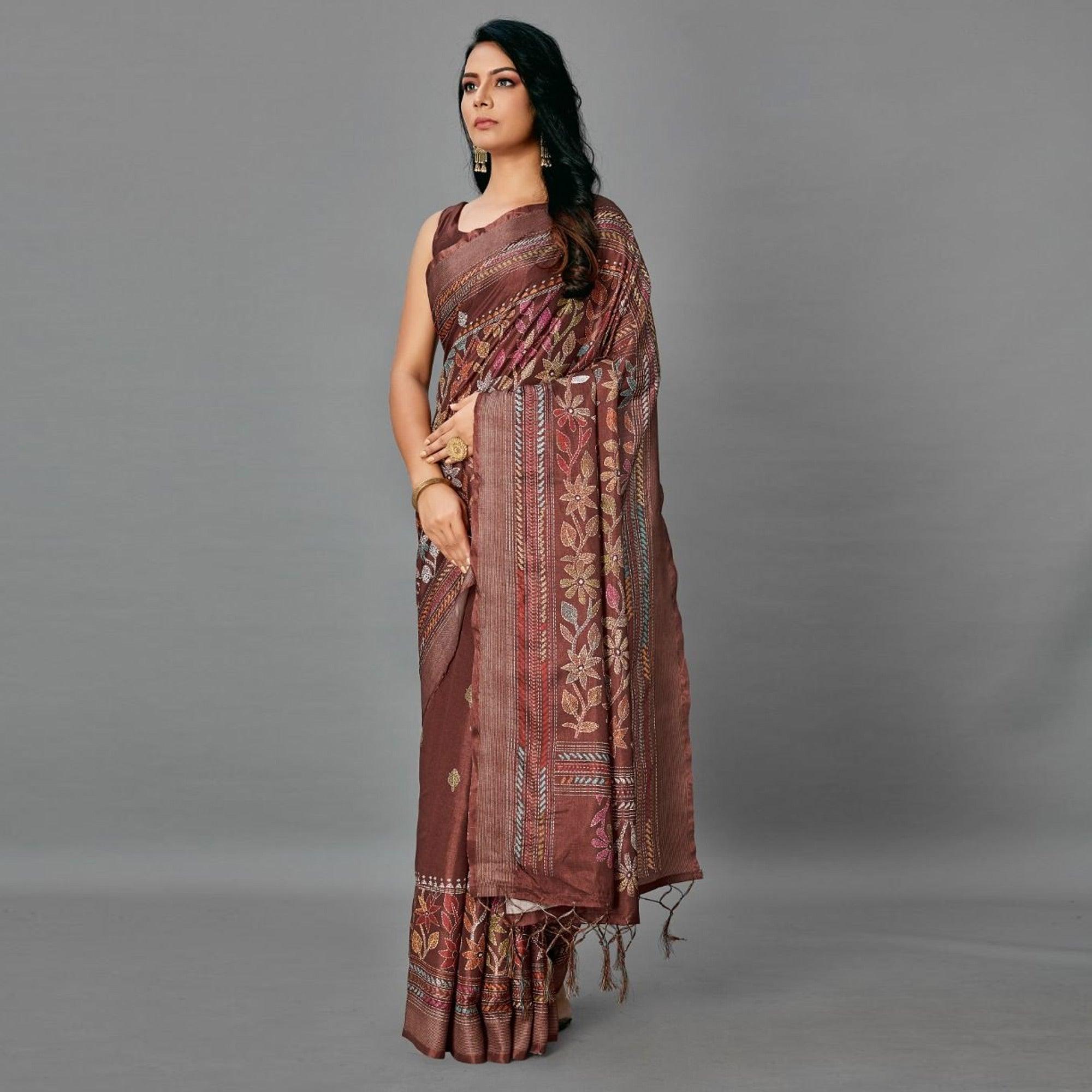 Brown Casual Art Silk Printed Saree With Unstitched Blouse - Peachmode