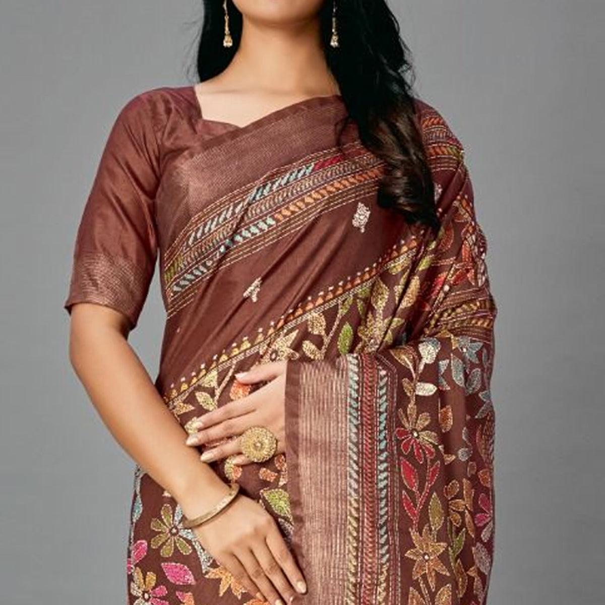 Brown Casual Art Silk Printed Saree With Unstitched Blouse - Peachmode