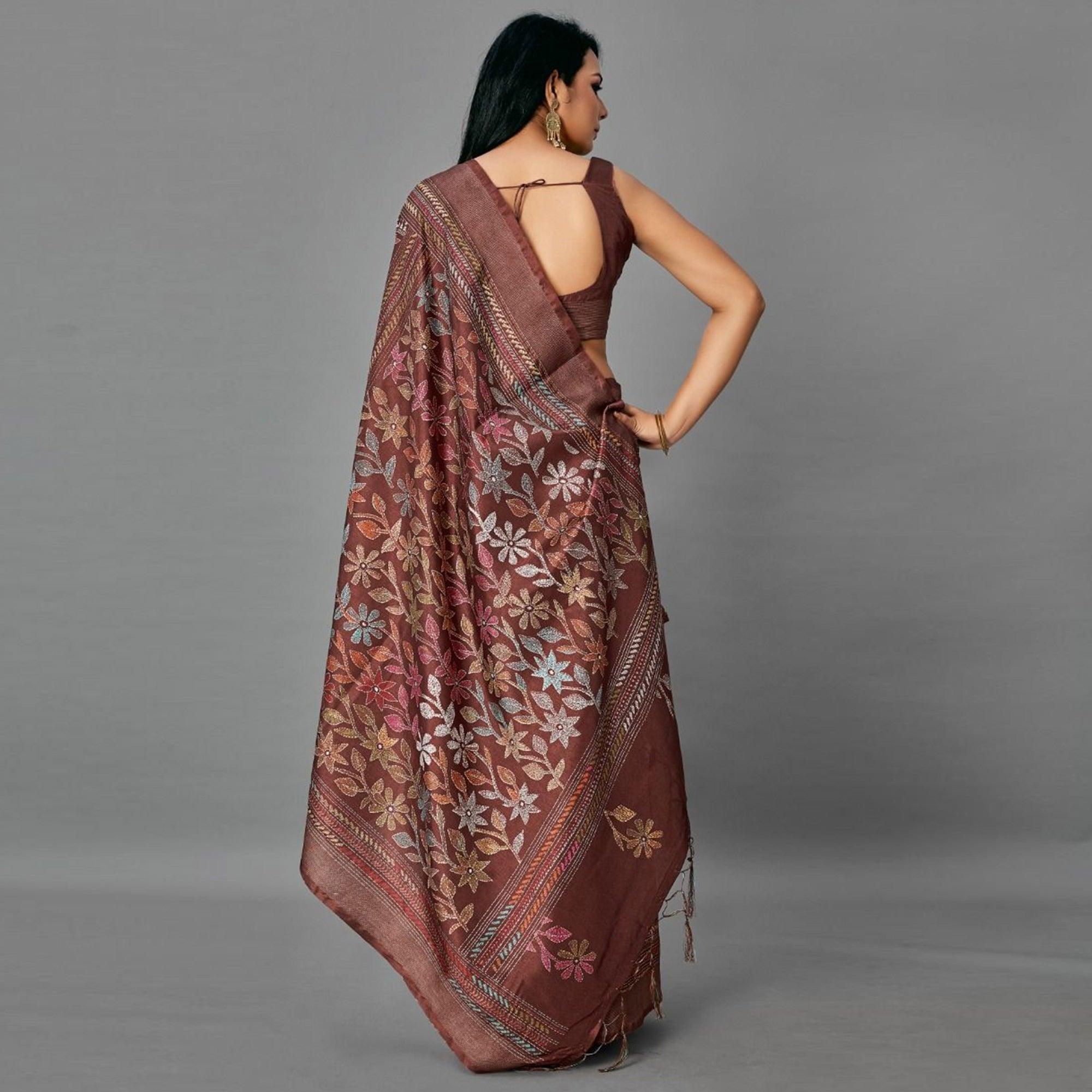 Brown Casual Art Silk Printed Saree With Unstitched Blouse - Peachmode