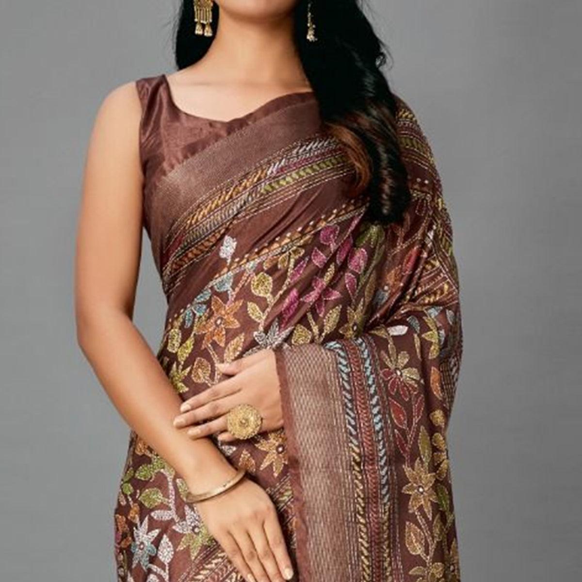 Brown Casual Art Silk Printed Saree With Unstitched Blouse - Peachmode