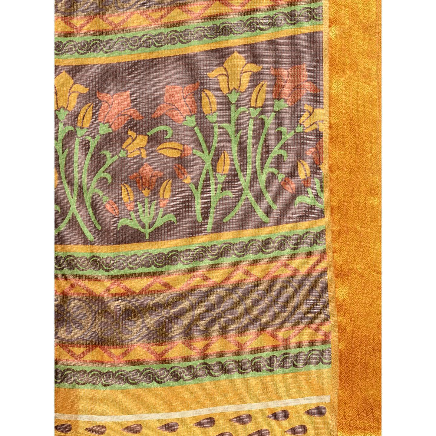 Brown Casual Brasso Printed Saree With Unstitched Blouse - Peachmode
