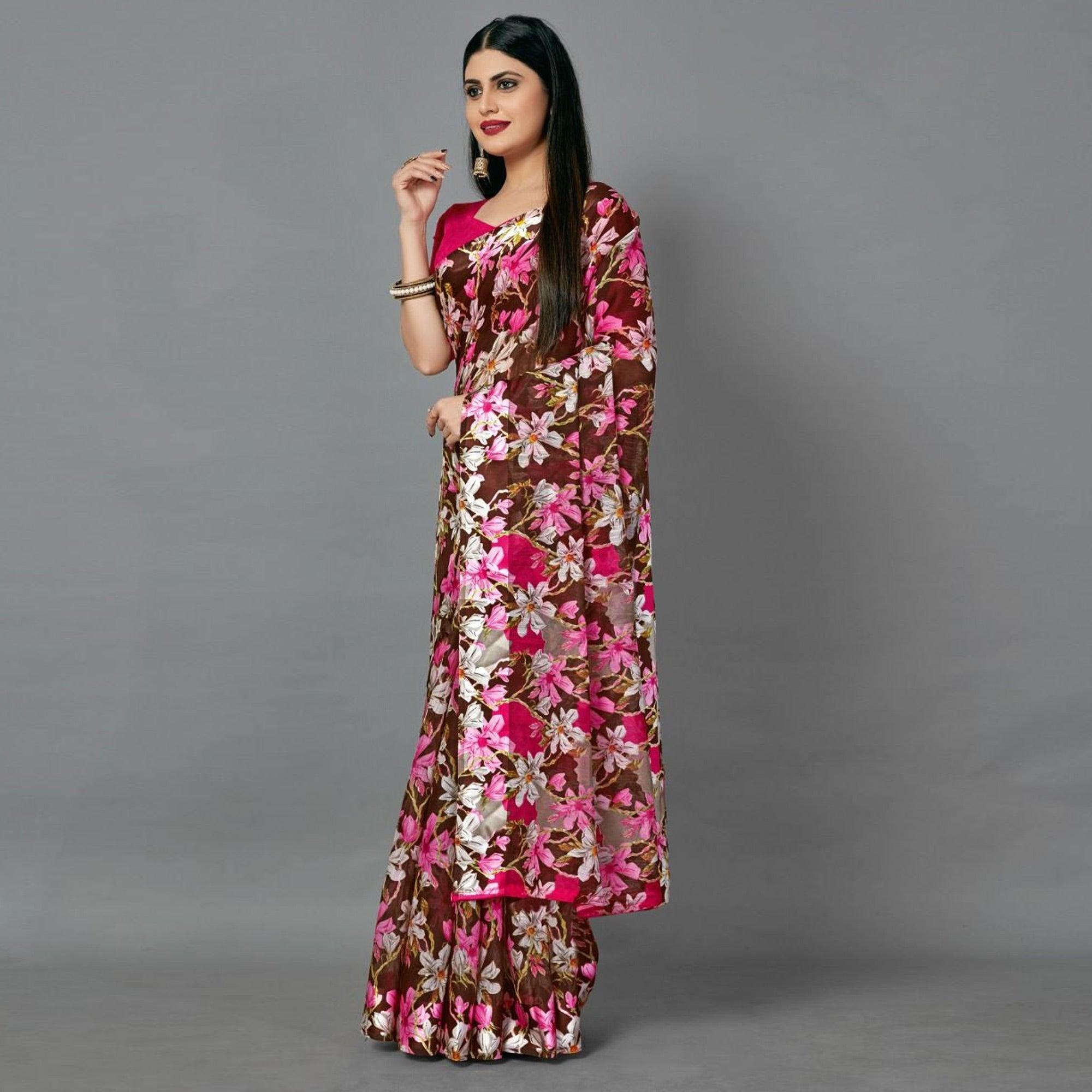 Brown Casual Linen Printed Saree With Unstitched Blouse - Peachmode