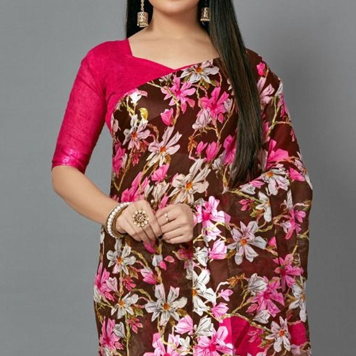 Brown Casual Linen Printed Saree With Unstitched Blouse - Peachmode