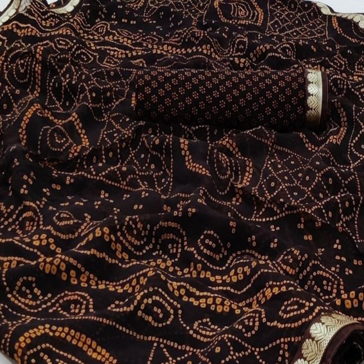 Brown Casual Wear Bandhani Printed Georgette Saree With Fancy Lace - Peachmode