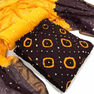 Brown Casual Wear Bandhani Printed Pure Cotton Dress Material - Peachmode