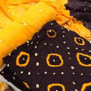 Brown Casual Wear Bandhani Printed Pure Cotton Dress Material - Peachmode