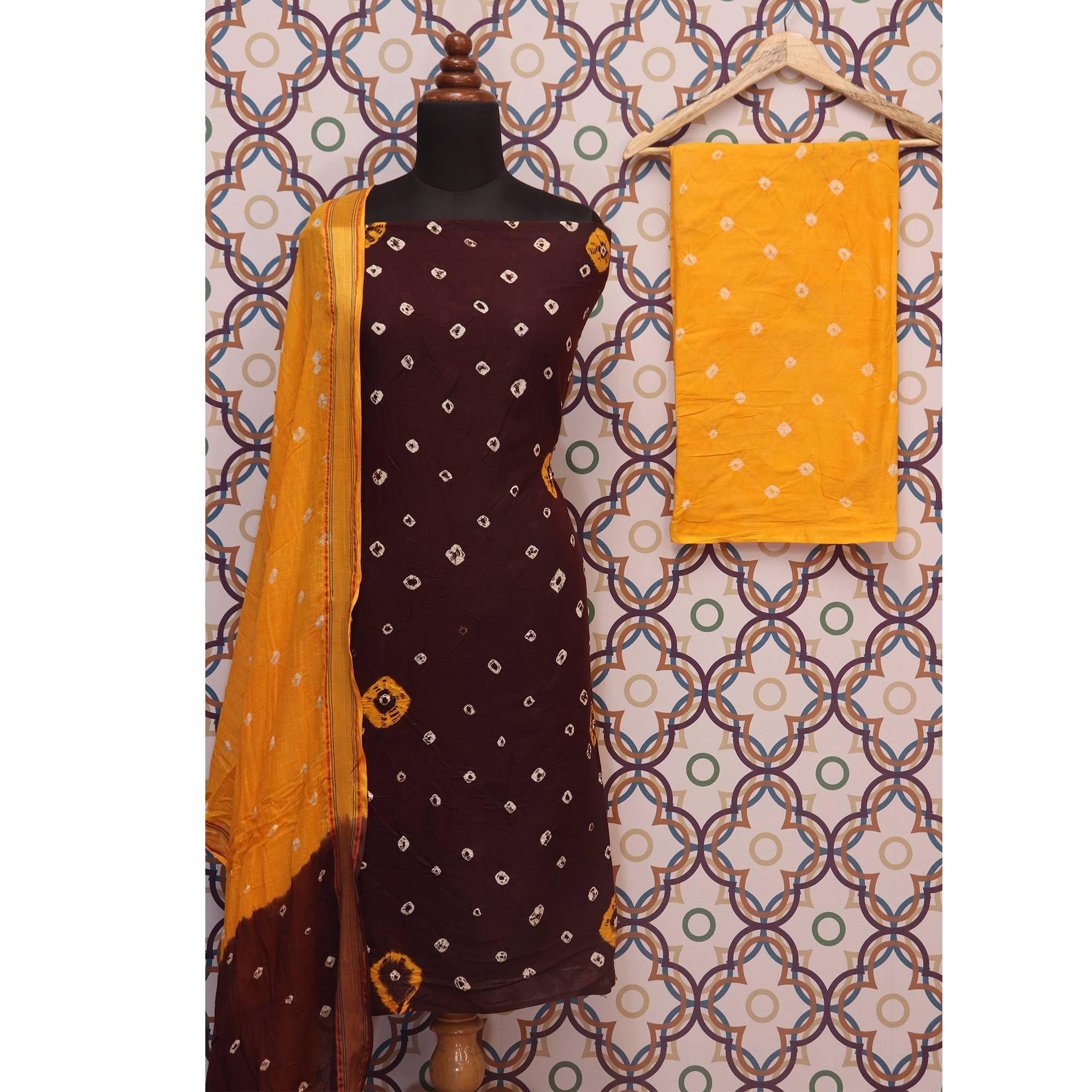 Brown Casual Wear Bandhej And Woven Pure Cotton Dress Material - Peachmode
