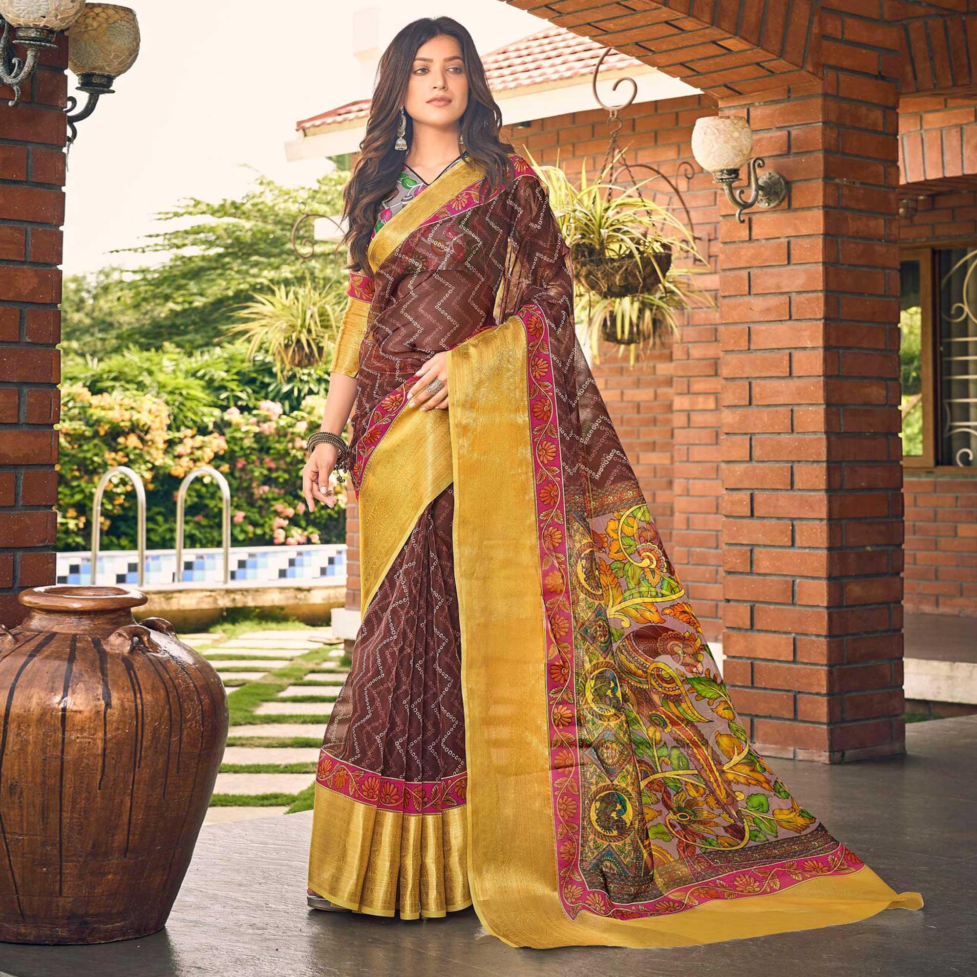 Brown Casual Wear Bandhej Printed Kalamkari Silk Saree - Peachmode
