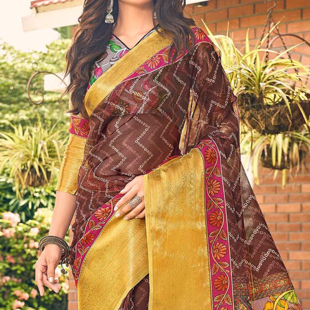 Brown Casual Wear Bandhej Printed Kalamkari Silk Saree - Peachmode