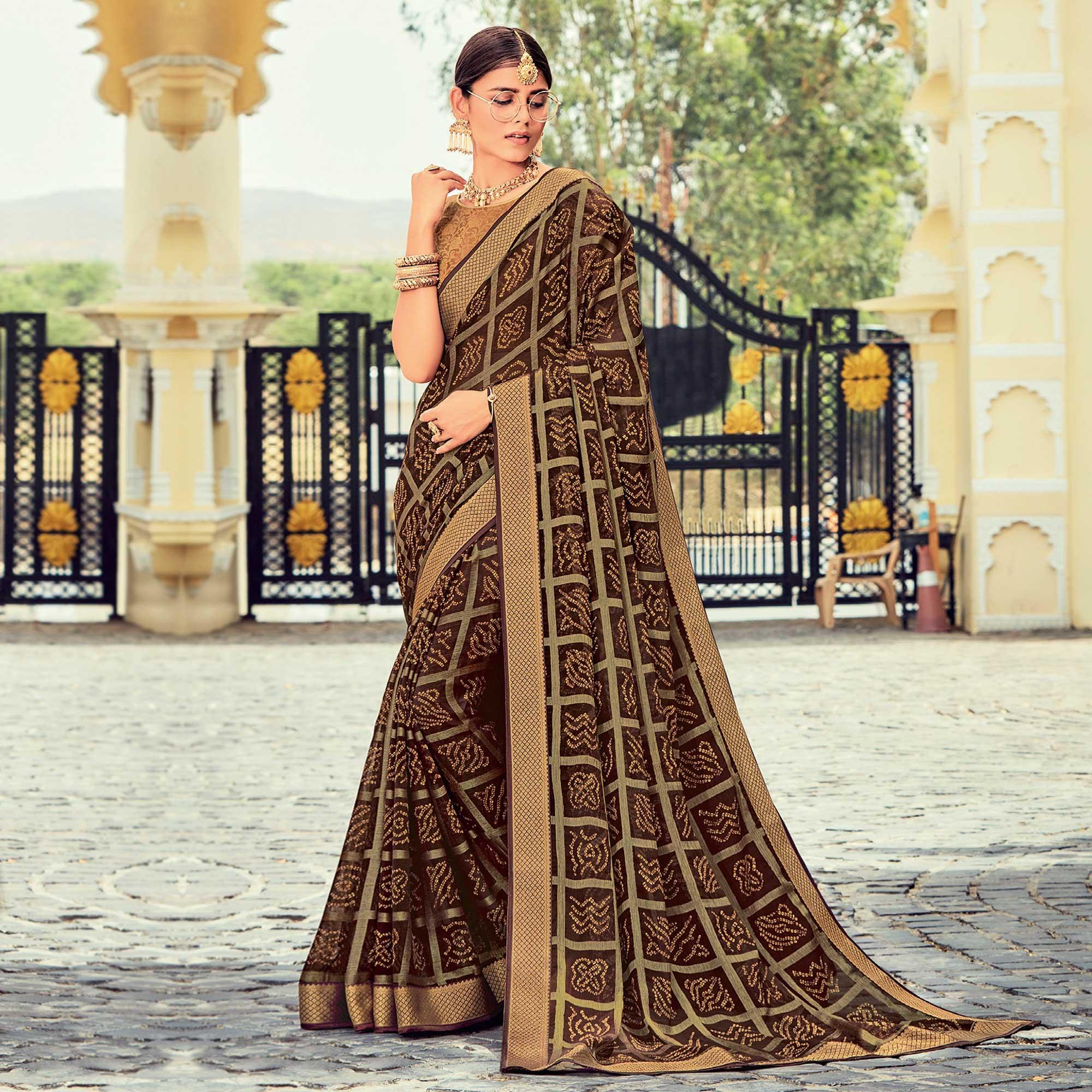 Brown Casual Wear Checks Printed Brasso Saree - Peachmode