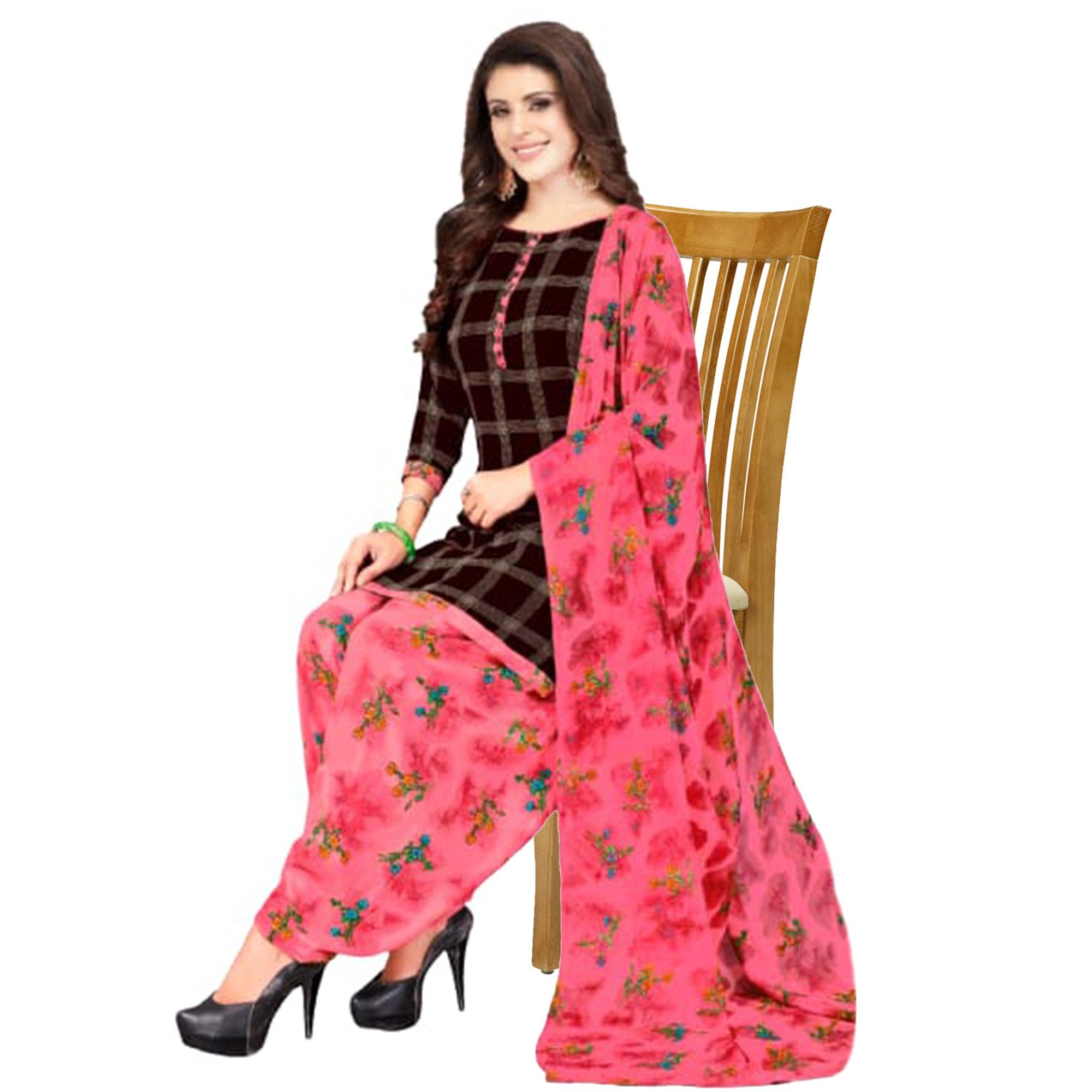 Brown Casual Wear Checks Printed Leon Patiala Dress Material - Peachmode