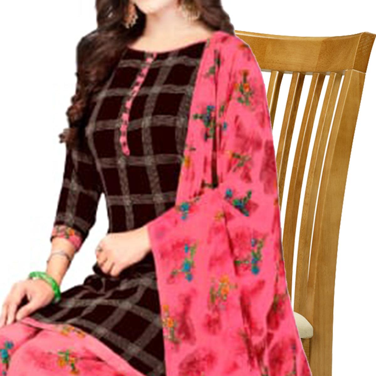 Brown Casual Wear Checks Printed Leon Patiala Dress Material - Peachmode
