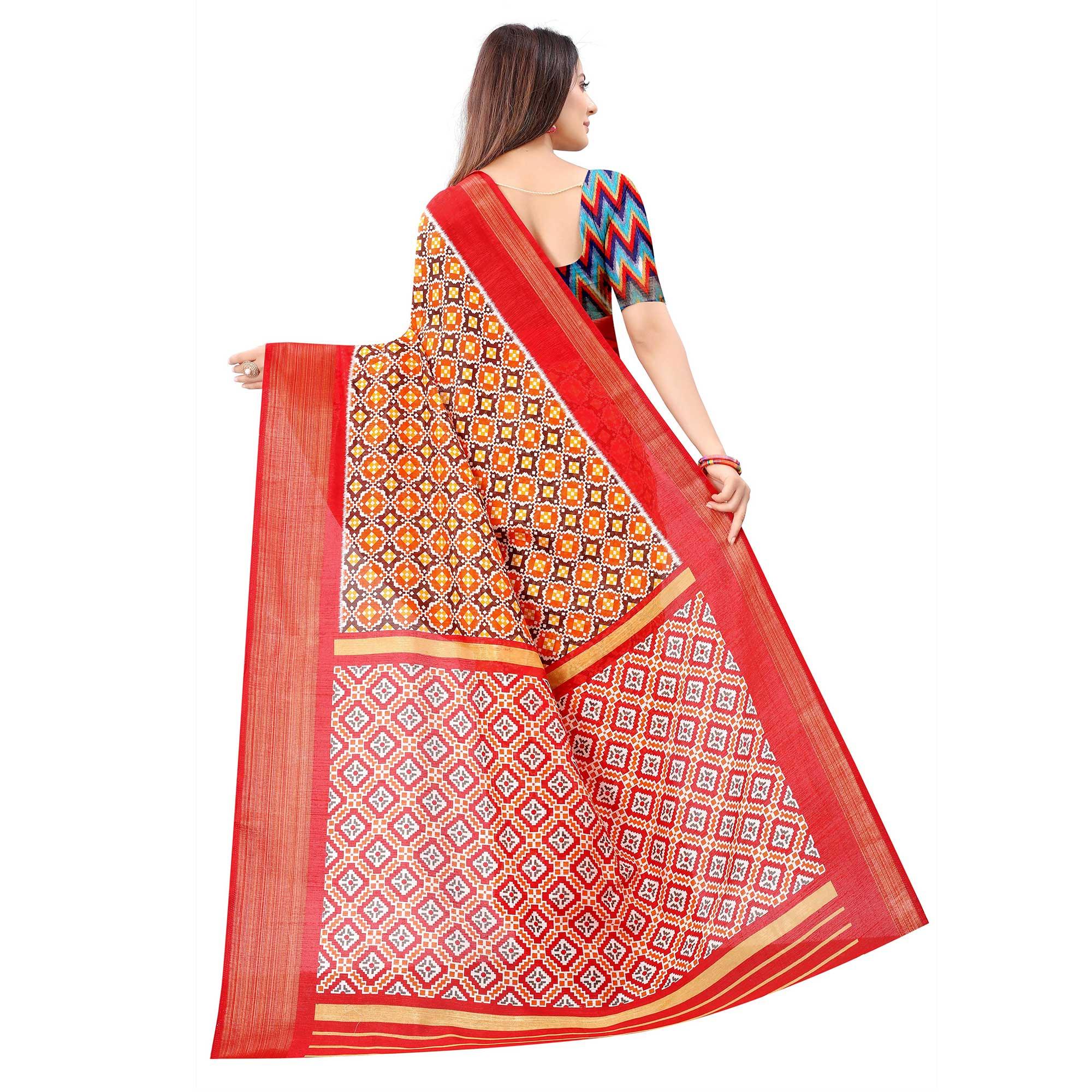 Brown Casual Wear Designer Hand Block Printed Cotton Linen Saree - Peachmode