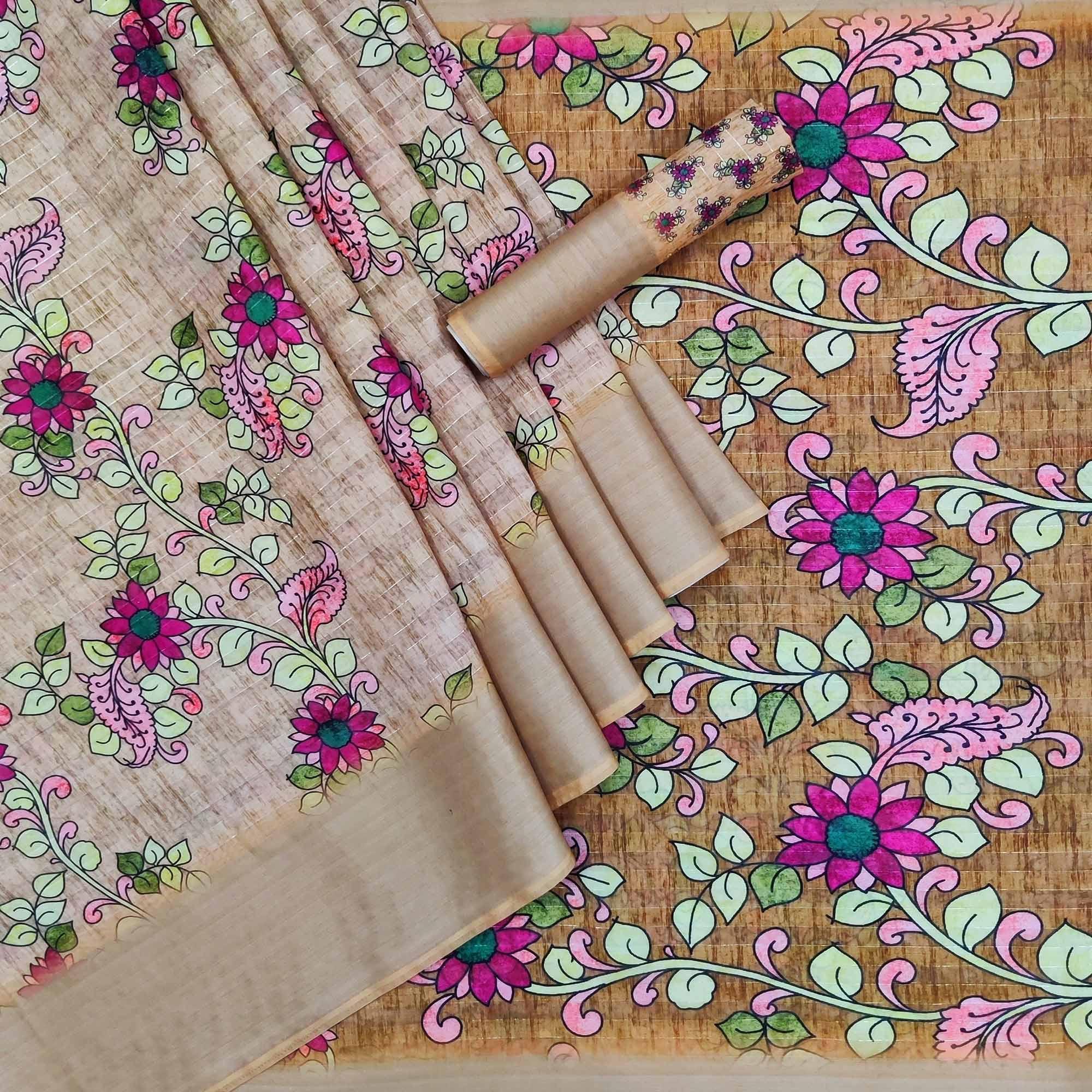 Brown Casual Wear Digital Floral Printed Cotton Silk Saree - Peachmode