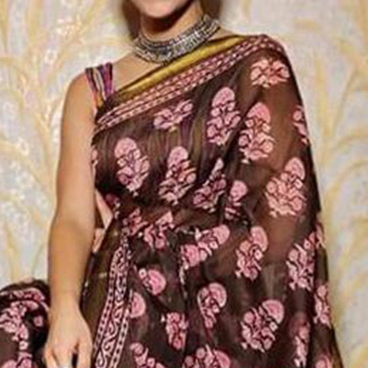 Brown Casual Wear Digital Printed Chanderi Silk Saree - Peachmode