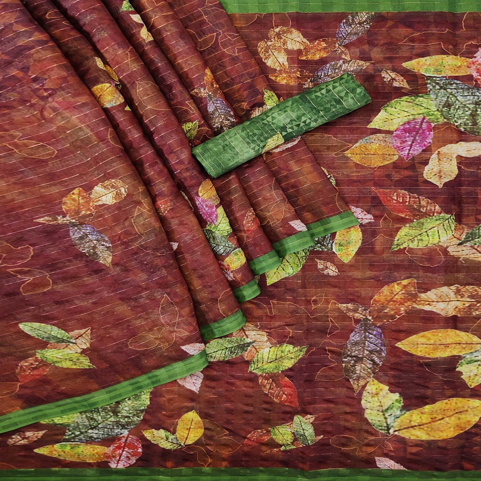 Brown Casual Wear Digital Printed Cotton Silk Saree - Peachmode