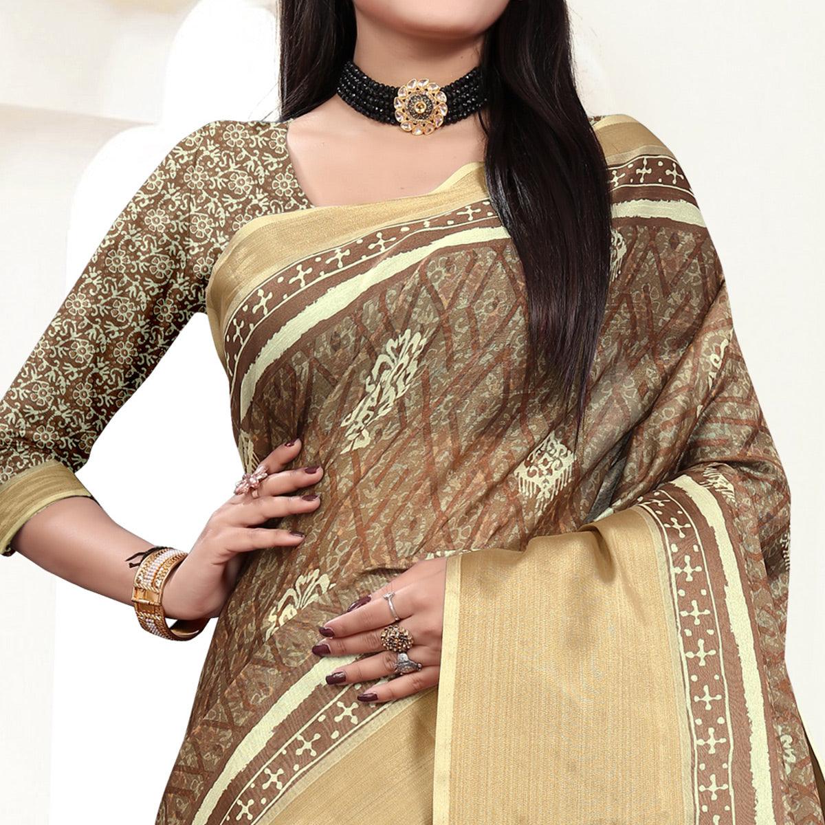Brown Casual Wear Digital Printed Cotton Silk Saree - Peachmode
