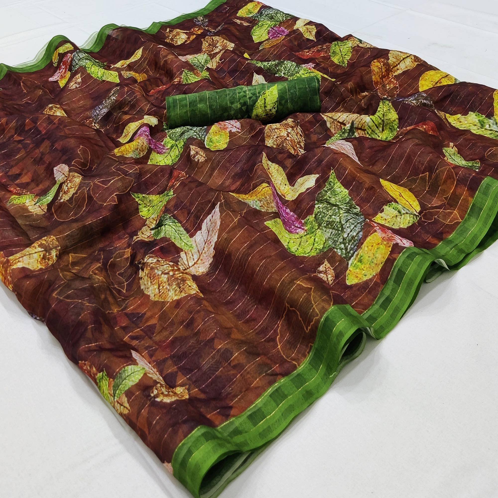 Brown Casual Wear Digital Printed Cotton Silk Saree - Peachmode