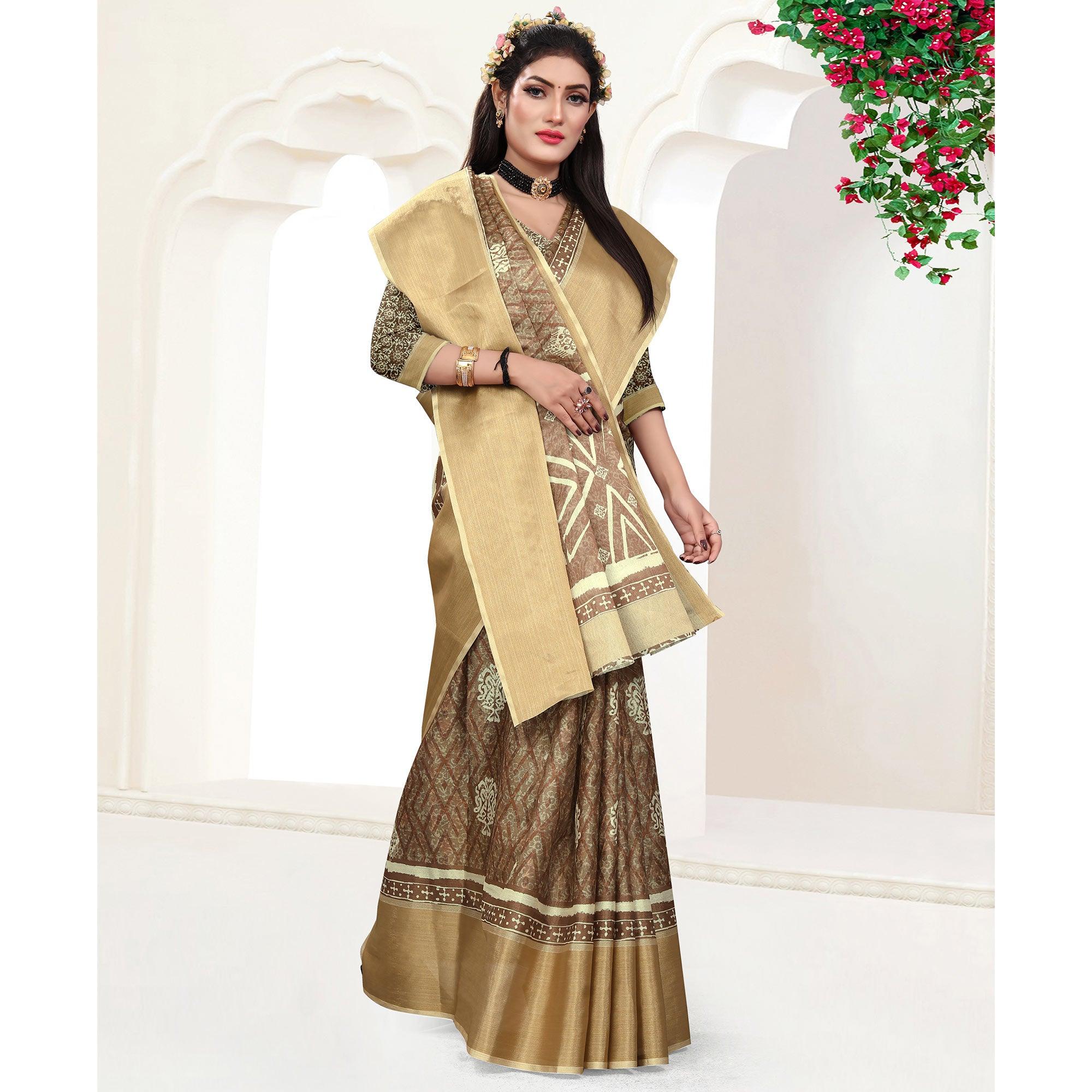 Brown Casual Wear Digital Printed Cotton Silk Saree - Peachmode