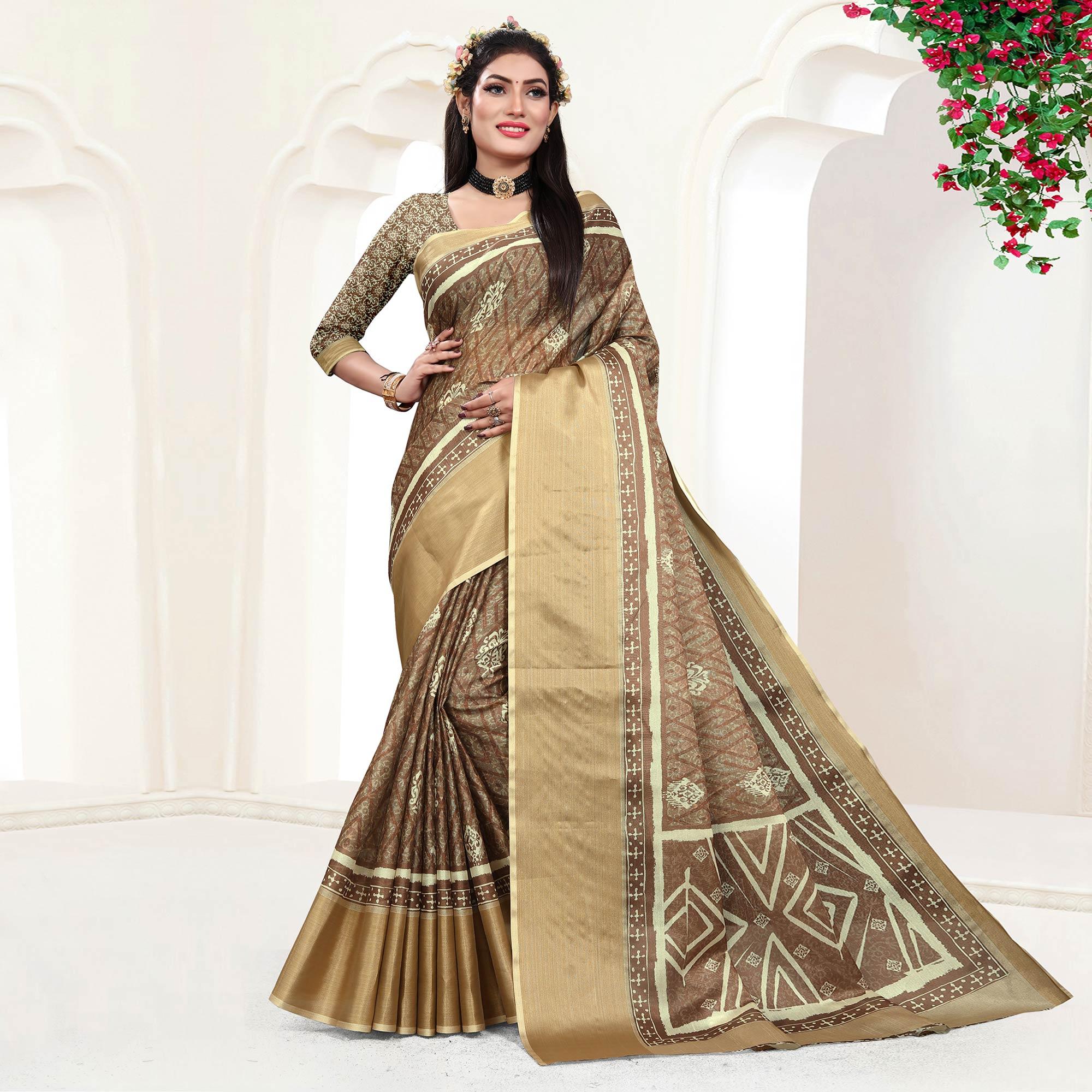 Brown Casual Wear Digital Printed Cotton Silk Saree - Peachmode