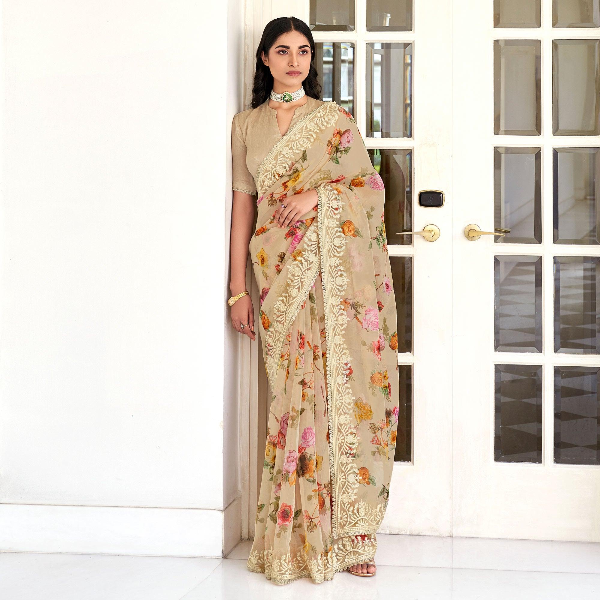 Brown Casual Wear Digital Printed Organza Saree - Peachmode