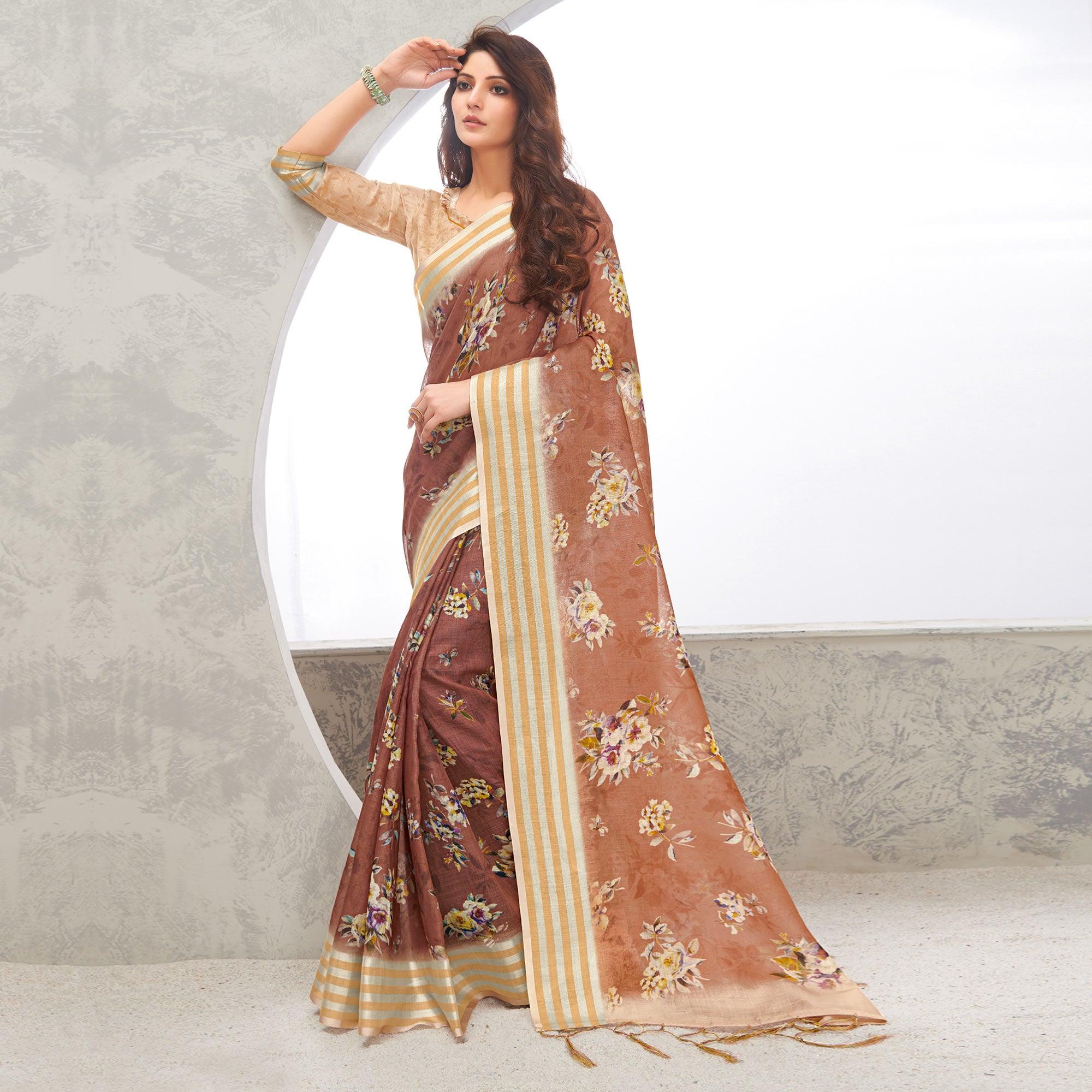 Brown Casual Wear Digital Printed Pure Linen Saree - Peachmode