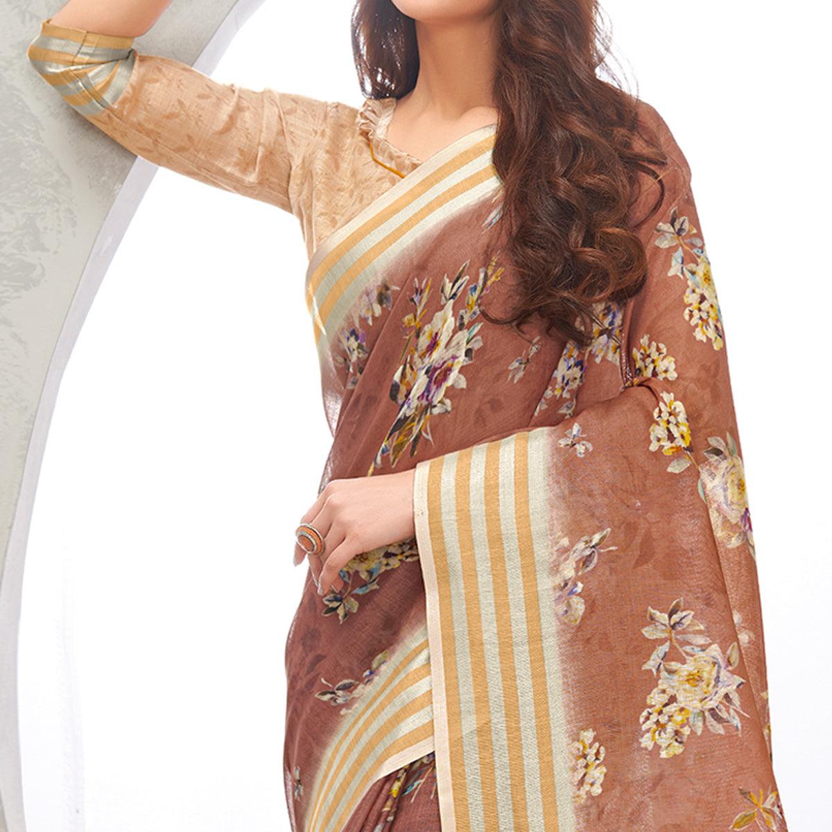 Brown Casual Wear Digital Printed Pure Linen Saree - Peachmode