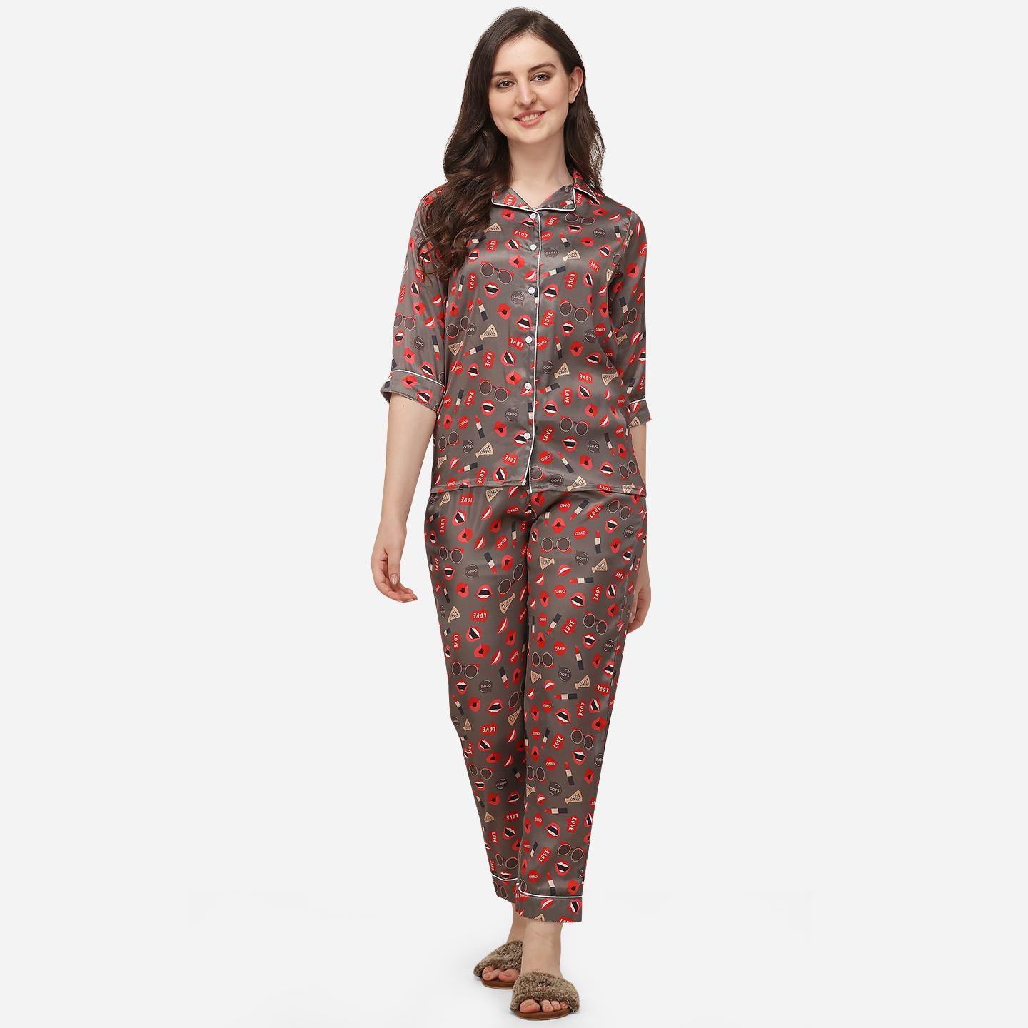Brown Casual Wear Digital Printed Satin Night Suit - Peachmode