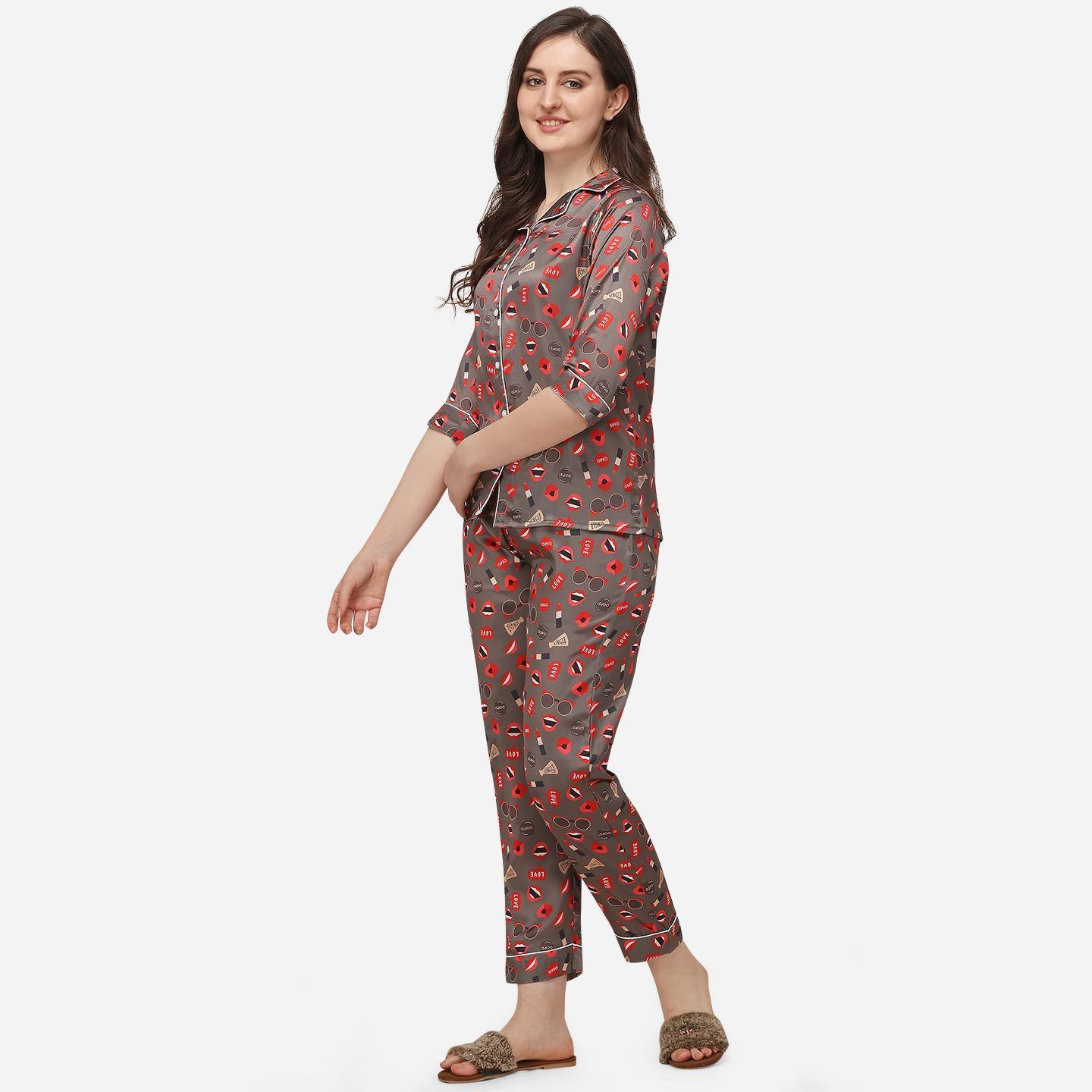 Brown Casual Wear Digital Printed Satin Night Suit - Peachmode