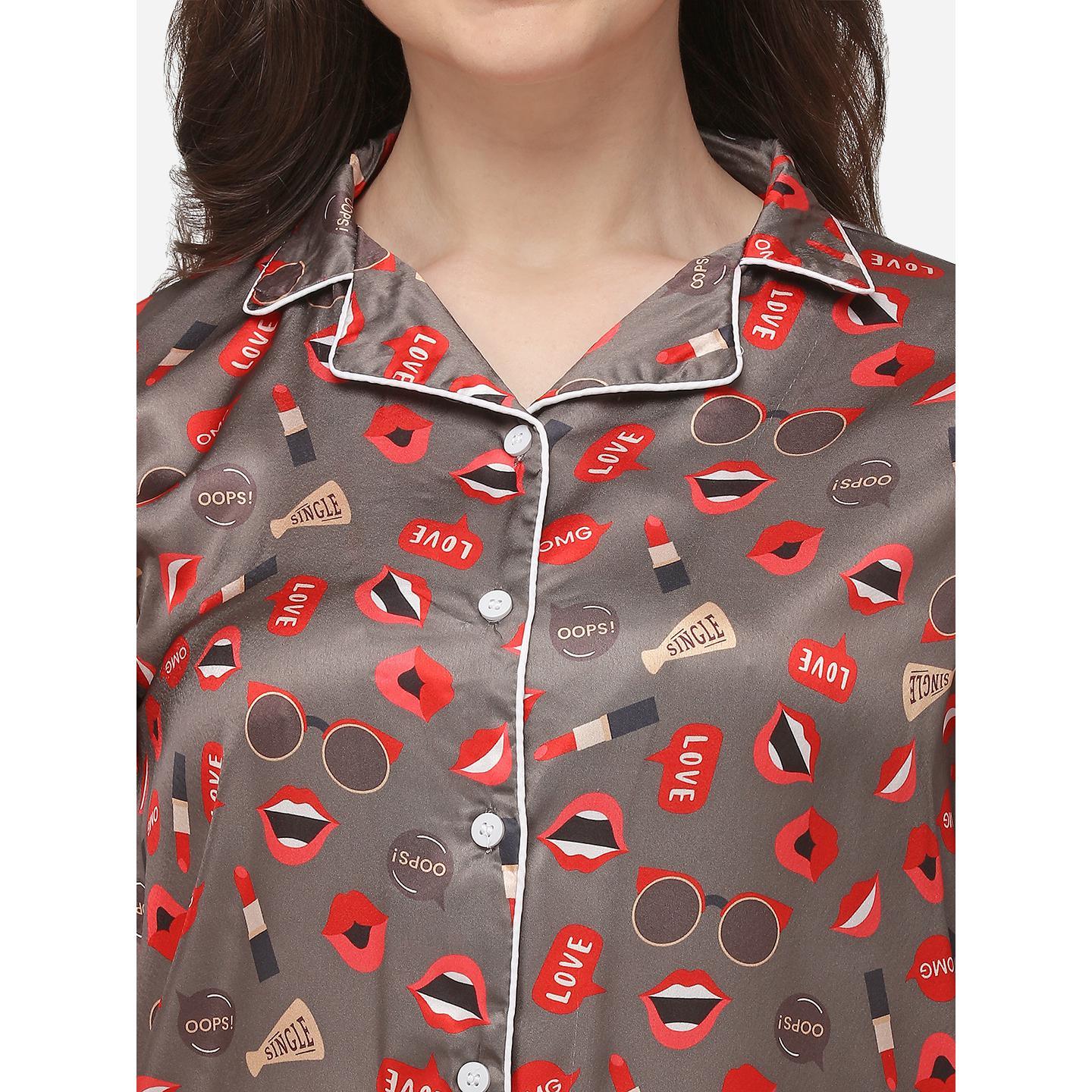 Brown Casual Wear Digital Printed Satin Night Suit - Peachmode