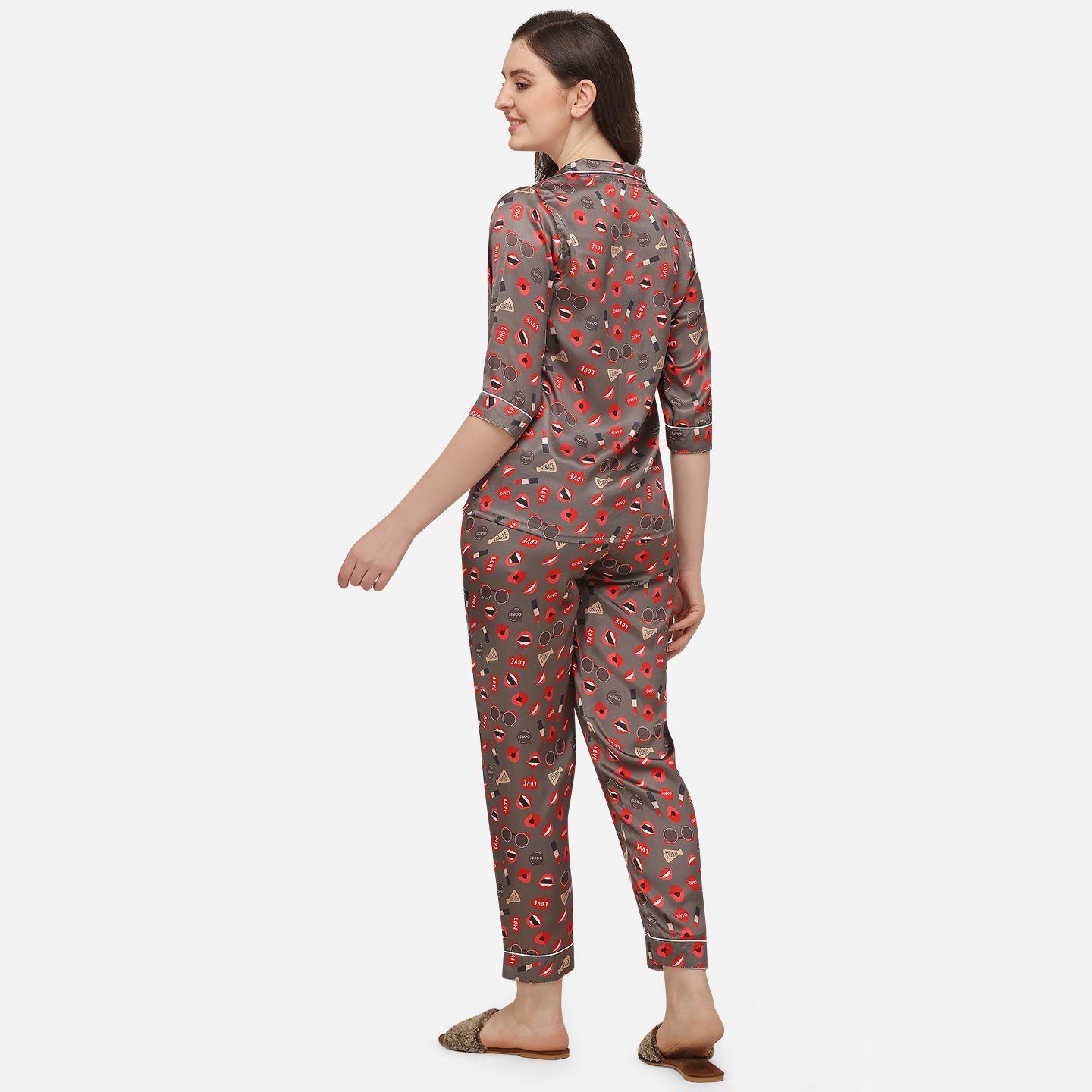Brown Casual Wear Digital Printed Satin Night Suit - Peachmode