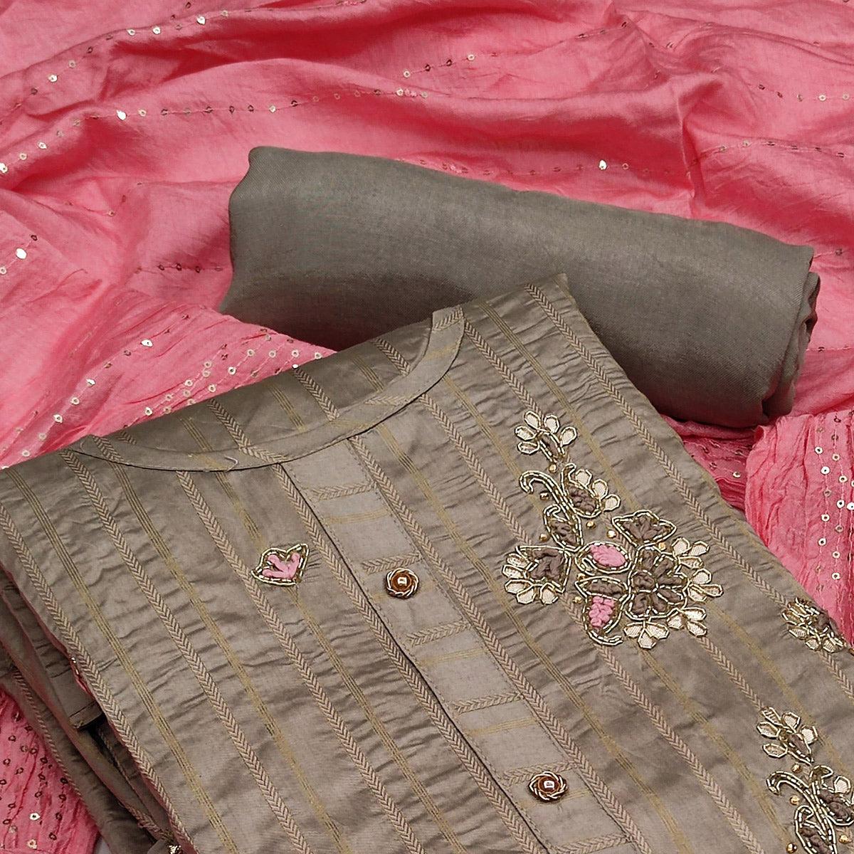 Brown Casual Wear Embroidered Cotton Dress Material - Peachmode